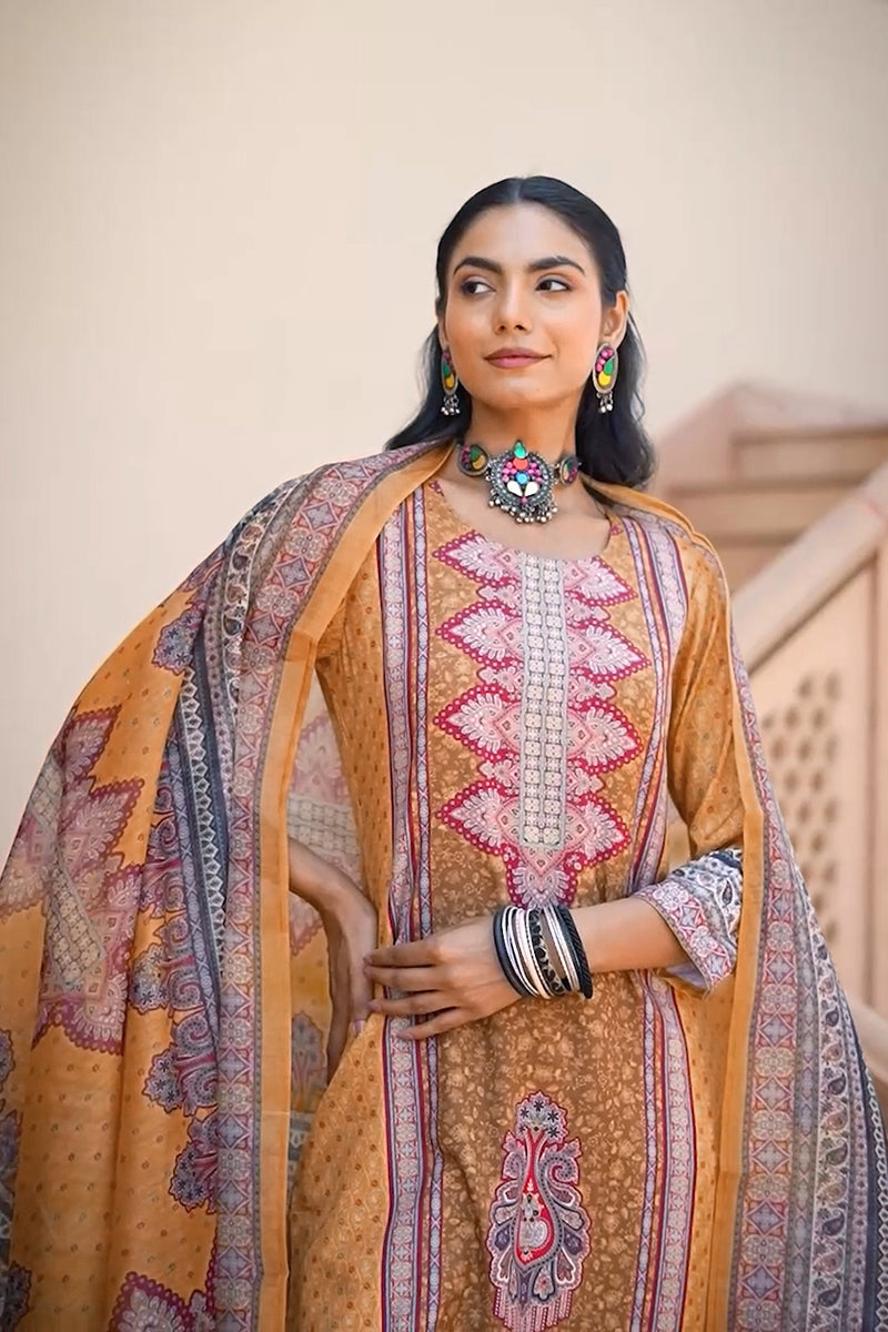Yellow Rayon Blend Ethnic Motifs Printed Straight Kurta Trouser With Dupatta | SHOBITAM