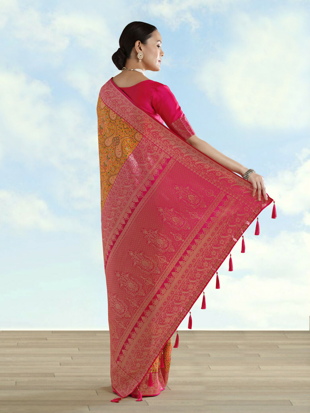 Mustard Banarasi Semi Silk Saree With Traditional Paisley Weaves | Shobitam