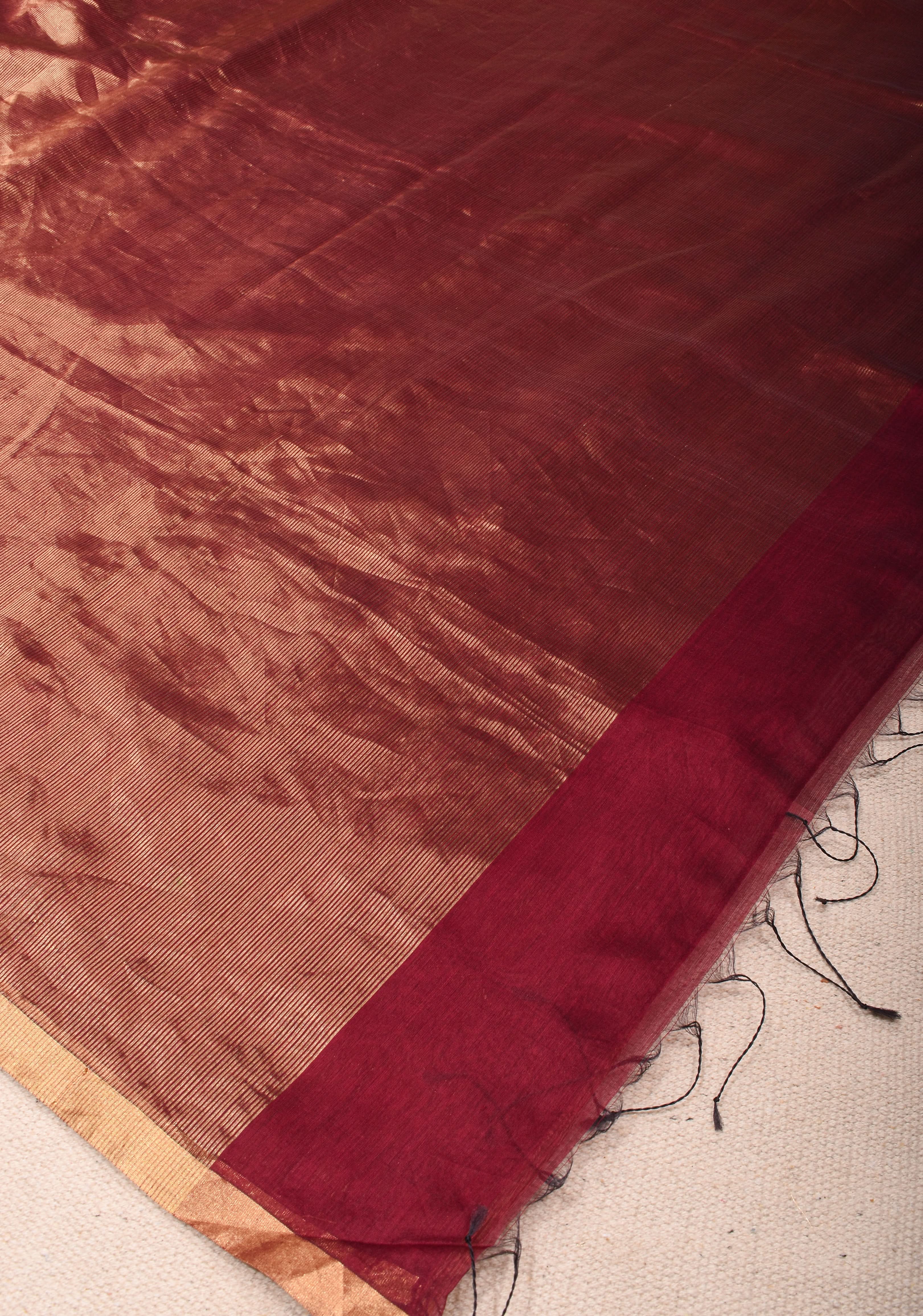 Exquisite Half and Half Maroon and Zari Tissue Maheshwari Silk Cotton Saree | Shobitam