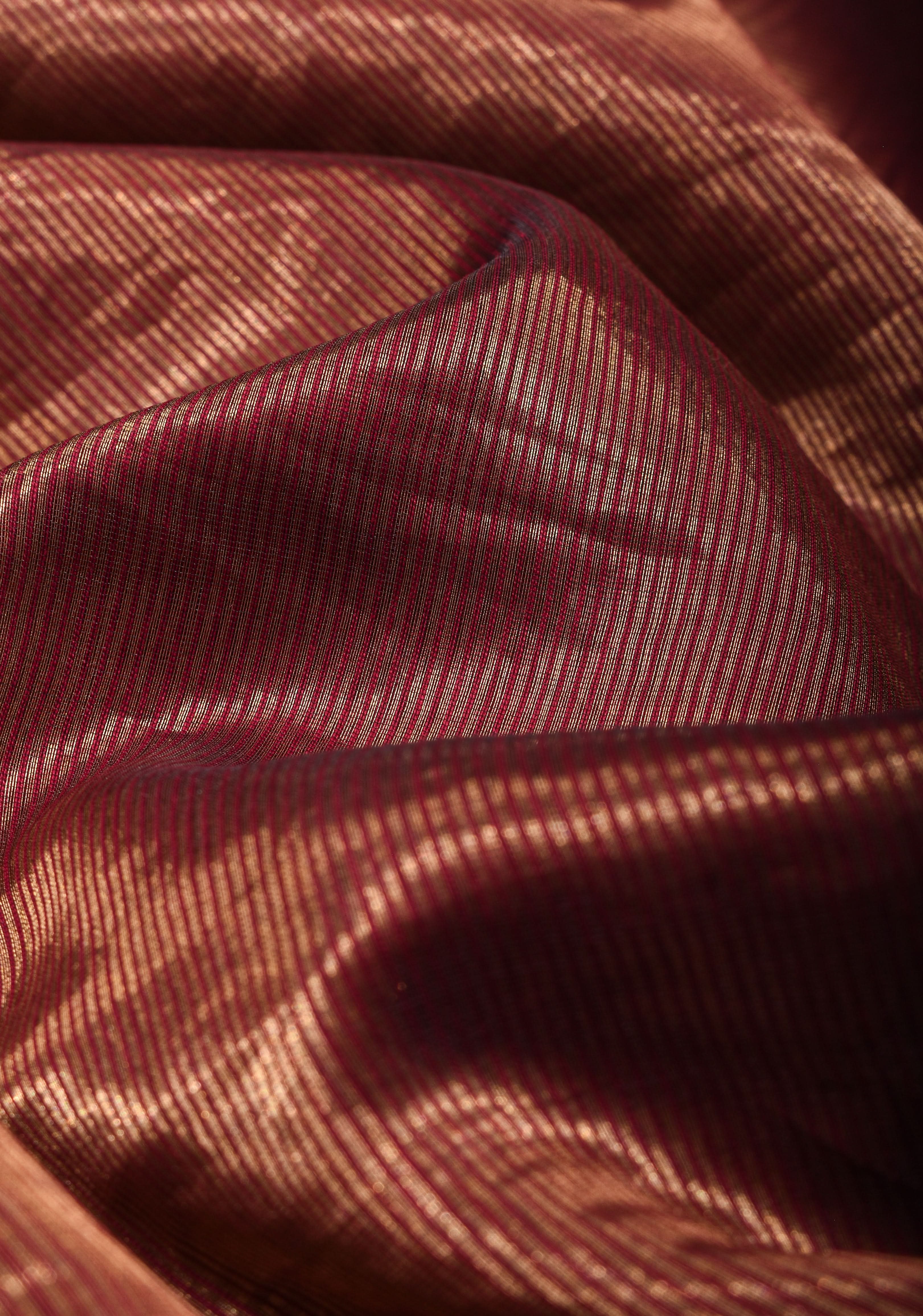 Exquisite Half and Half Maroon and Zari Tissue Maheshwari Silk Cotton Saree | Shobitam
