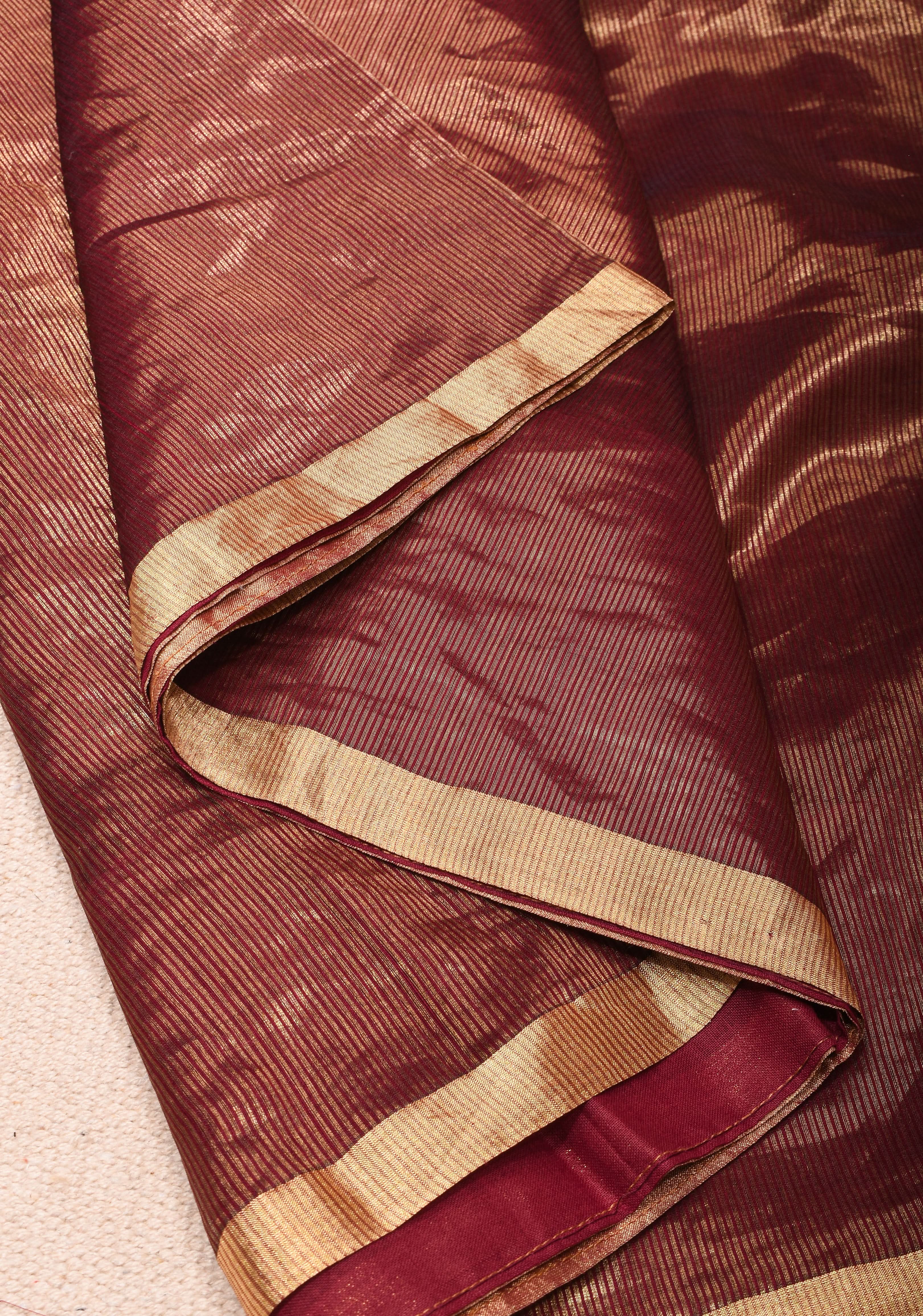 Exquisite Half and Half Maroon and Zari Tissue Maheshwari Silk Cotton Saree | Shobitam
