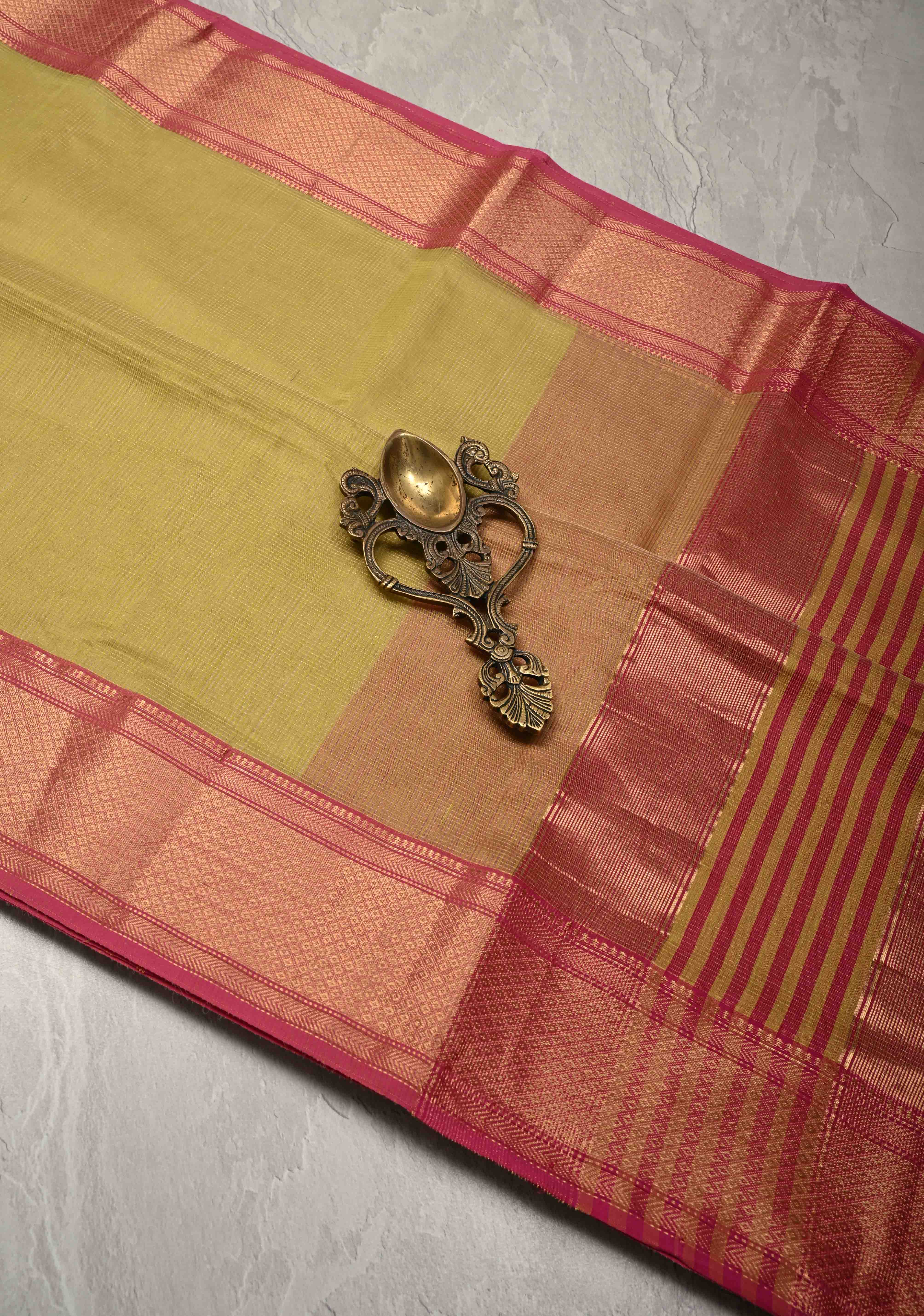 Yellow Handwoven Maheshwari Silk Cotton Saree with Tissue Checks and Contrast Zari Border | Shobitam
