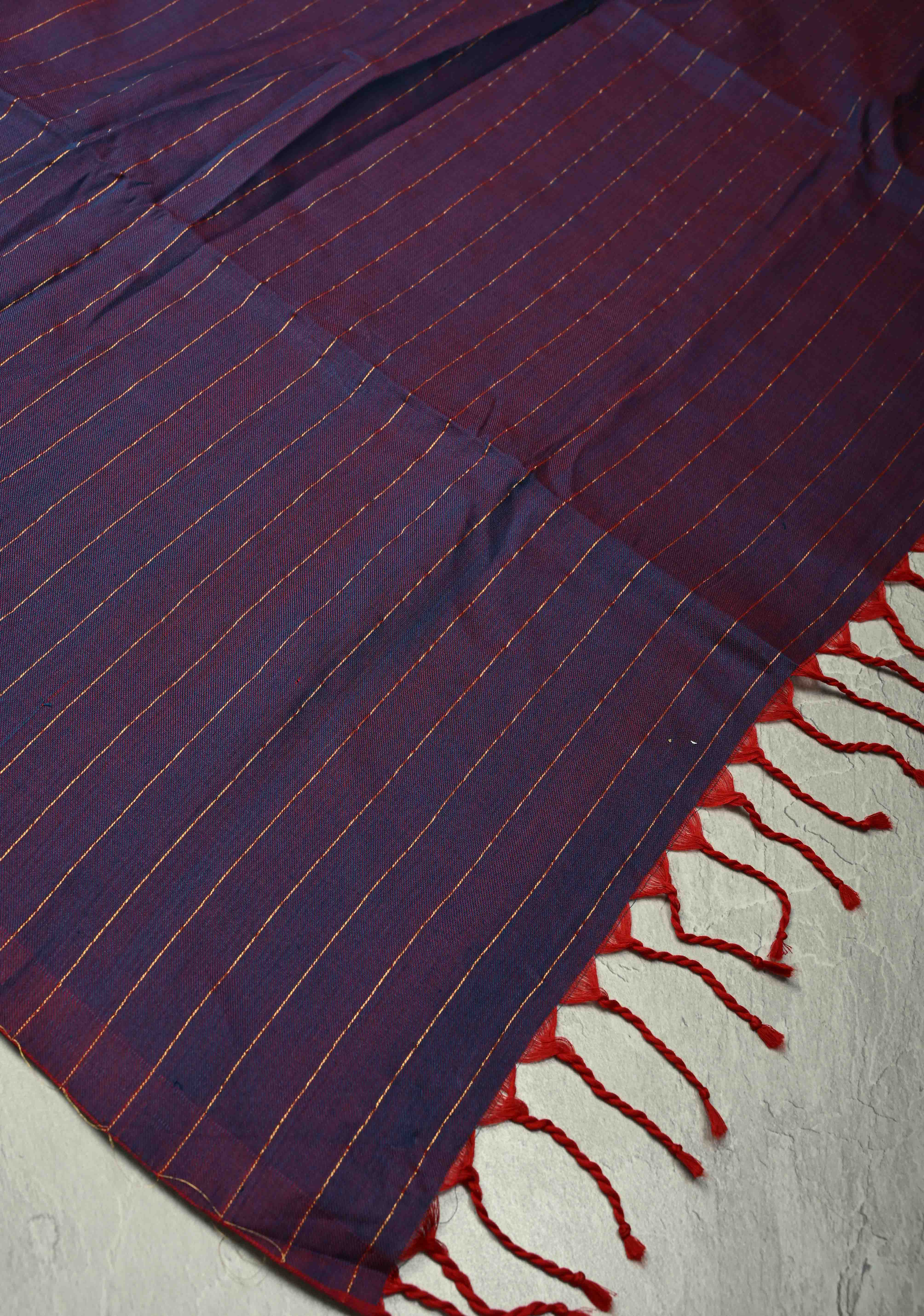Blue-Red Reversible Maheshwari Mercerized Cotton Saree with Zari Stripes, No Blouse Piece | Shobitam