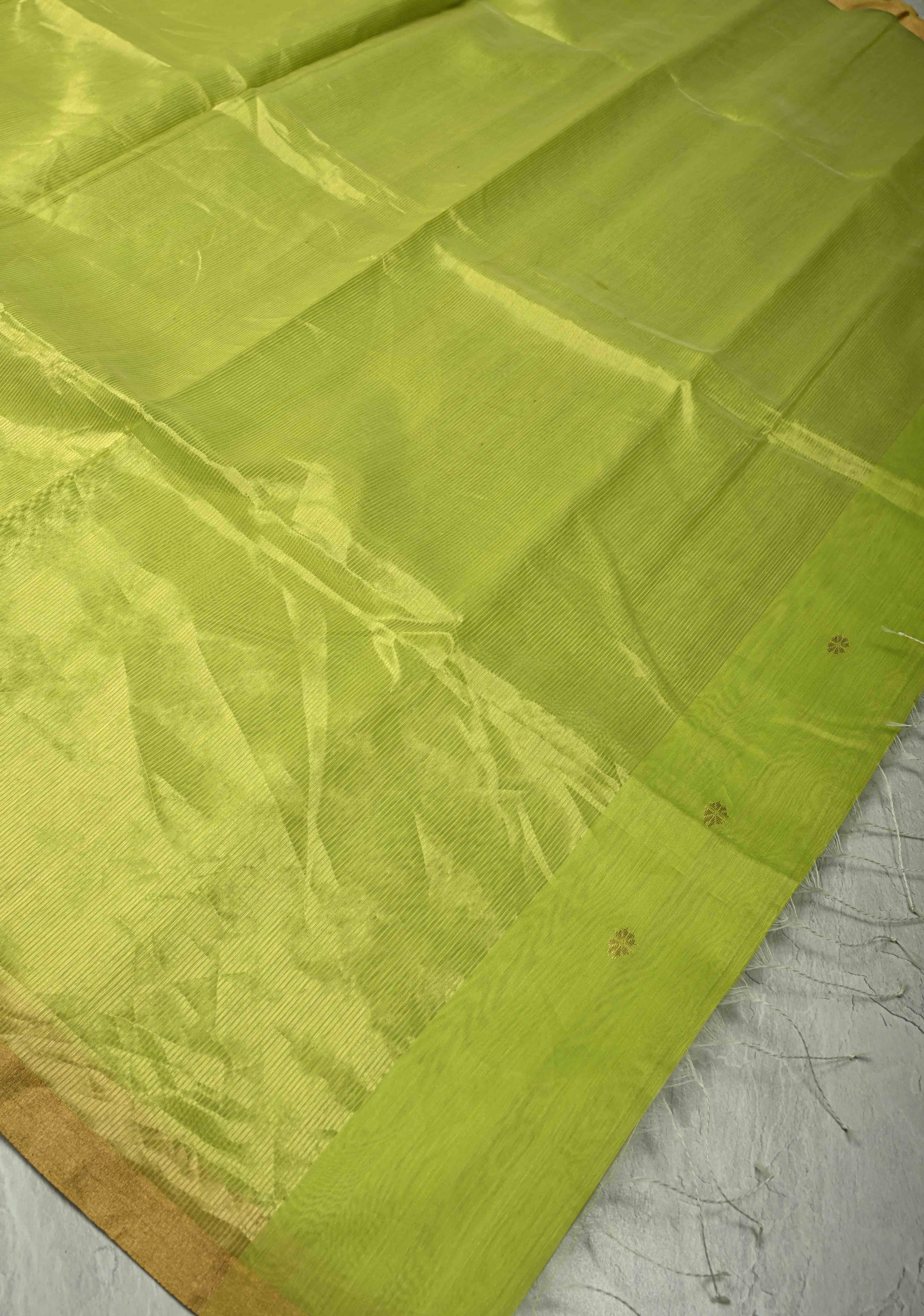 Chartreuse Half-and-Half Tissue Stripes Maheshwari Silk Cotton Saree and Minimal Zari Border | Shobitam