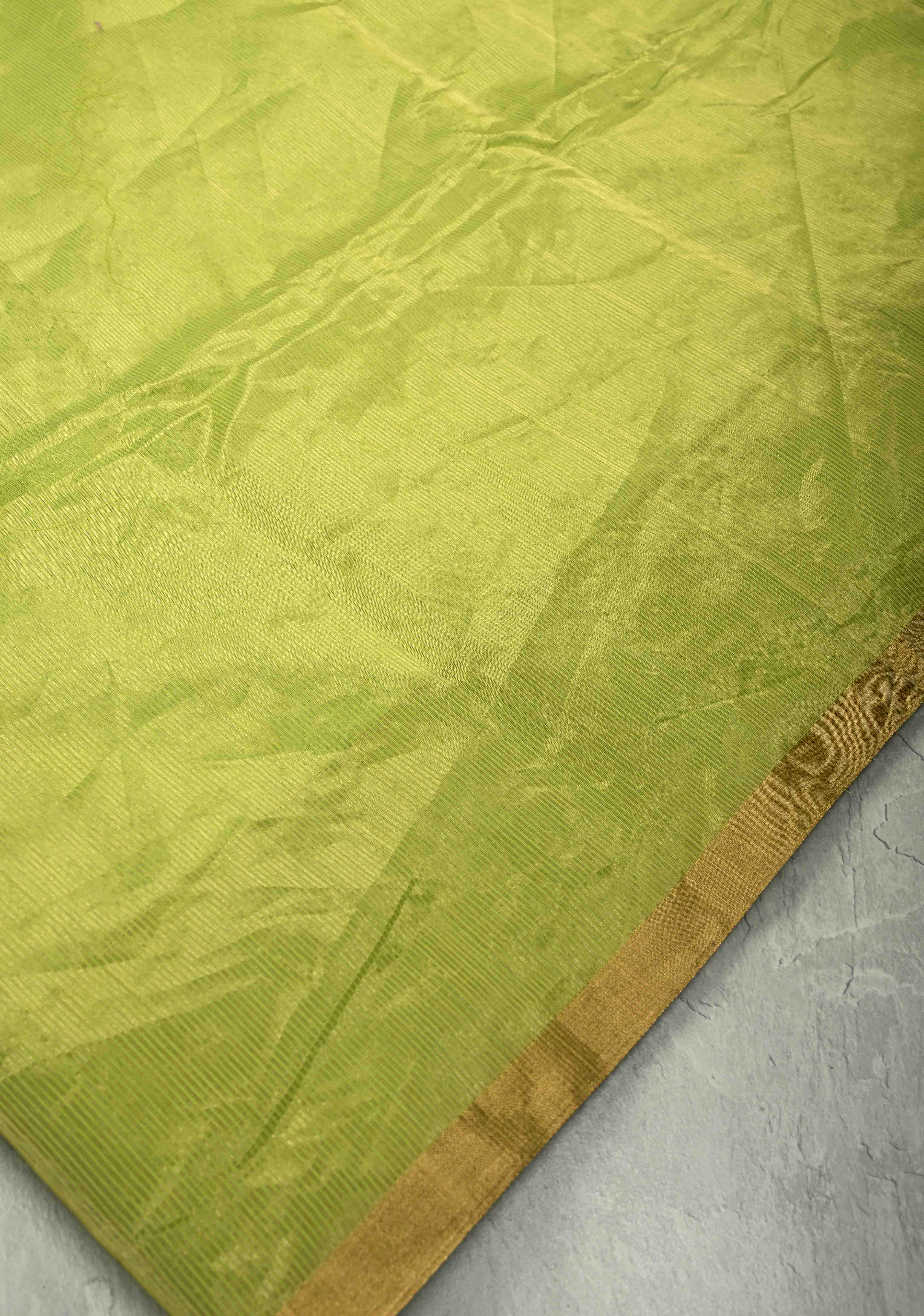 Chartreuse Half-and-Half Tissue Stripes Maheshwari Silk Cotton Saree and Minimal Zari Border | Shobitam