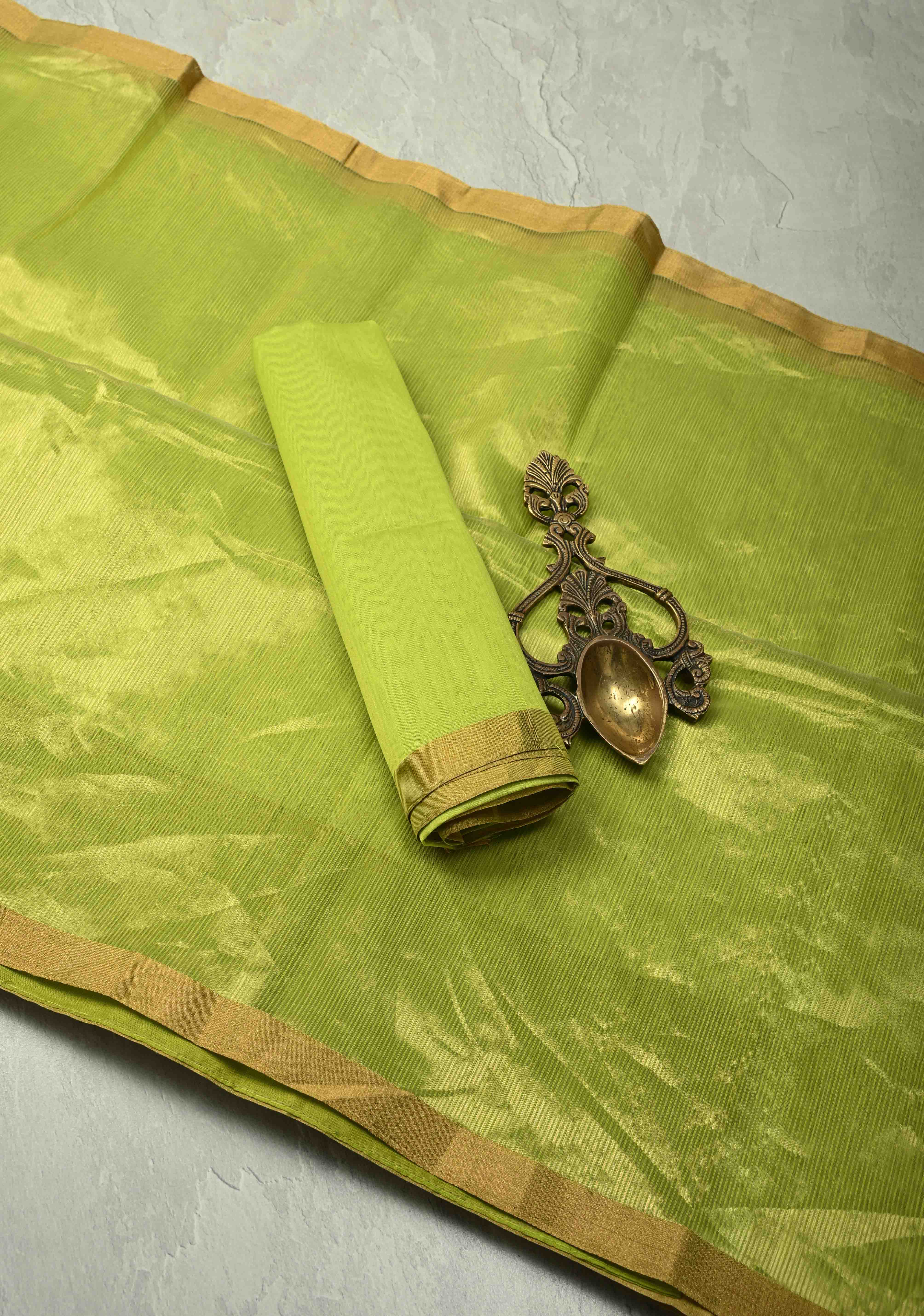 Chartreuse Half-and-Half Tissue Stripes Maheshwari Silk Cotton Saree and Minimal Zari Border | Shobitam