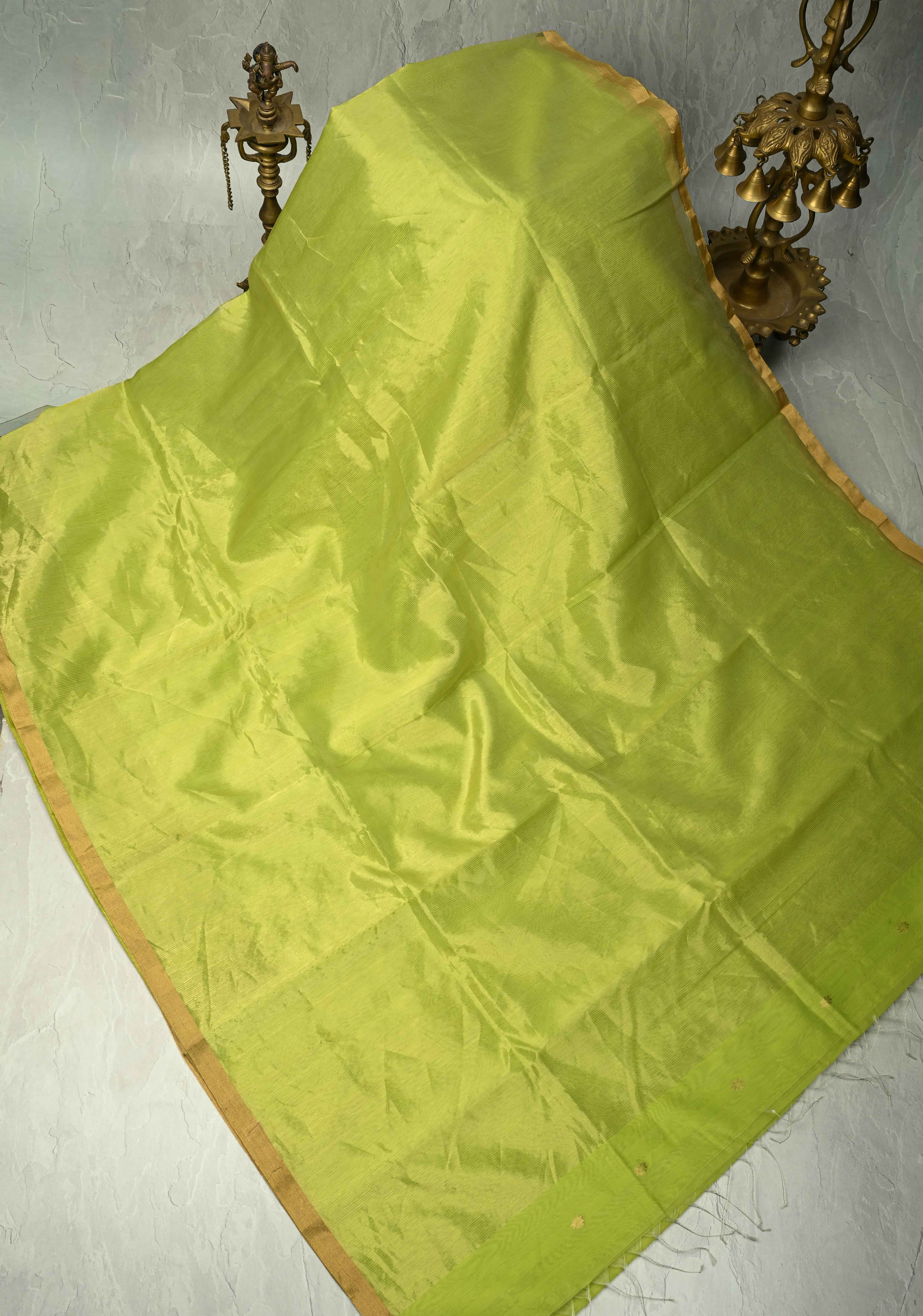 Chartreuse Half-and-Half Tissue Stripes Maheshwari Silk Cotton Saree and Minimal Zari Border | Shobitam