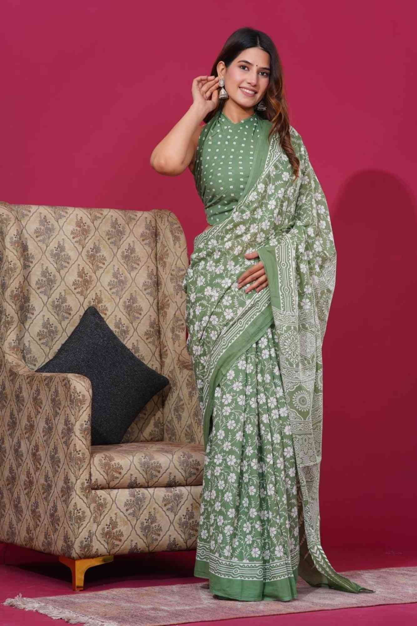 Green & white Hand Block printed Mulmul Cotton Ready To Wear saree