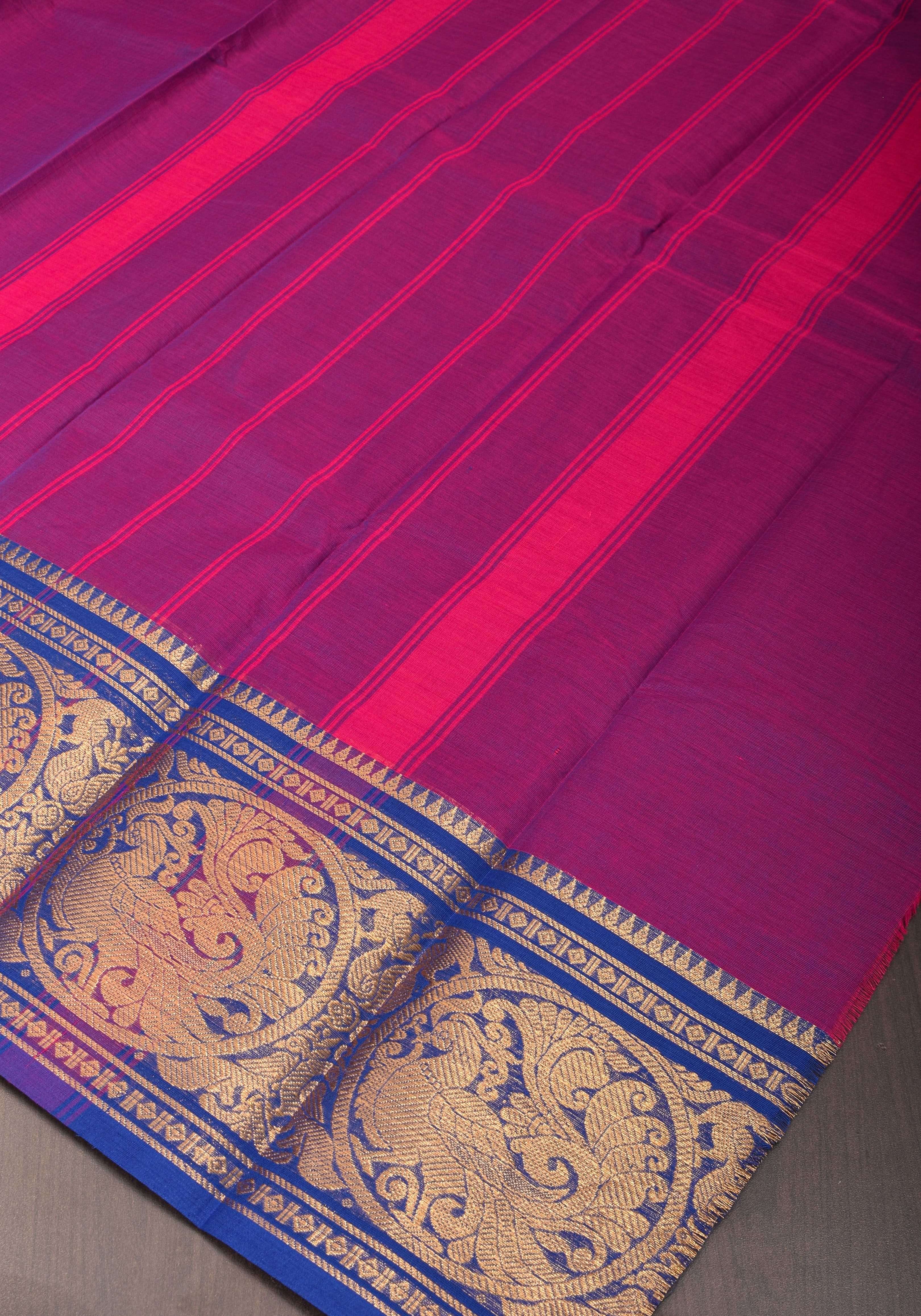 Purple-Blue Dual tone Kanchi Cotton Saree with tradional zari borders on Blue base, No Blouse piece | Shobitam
