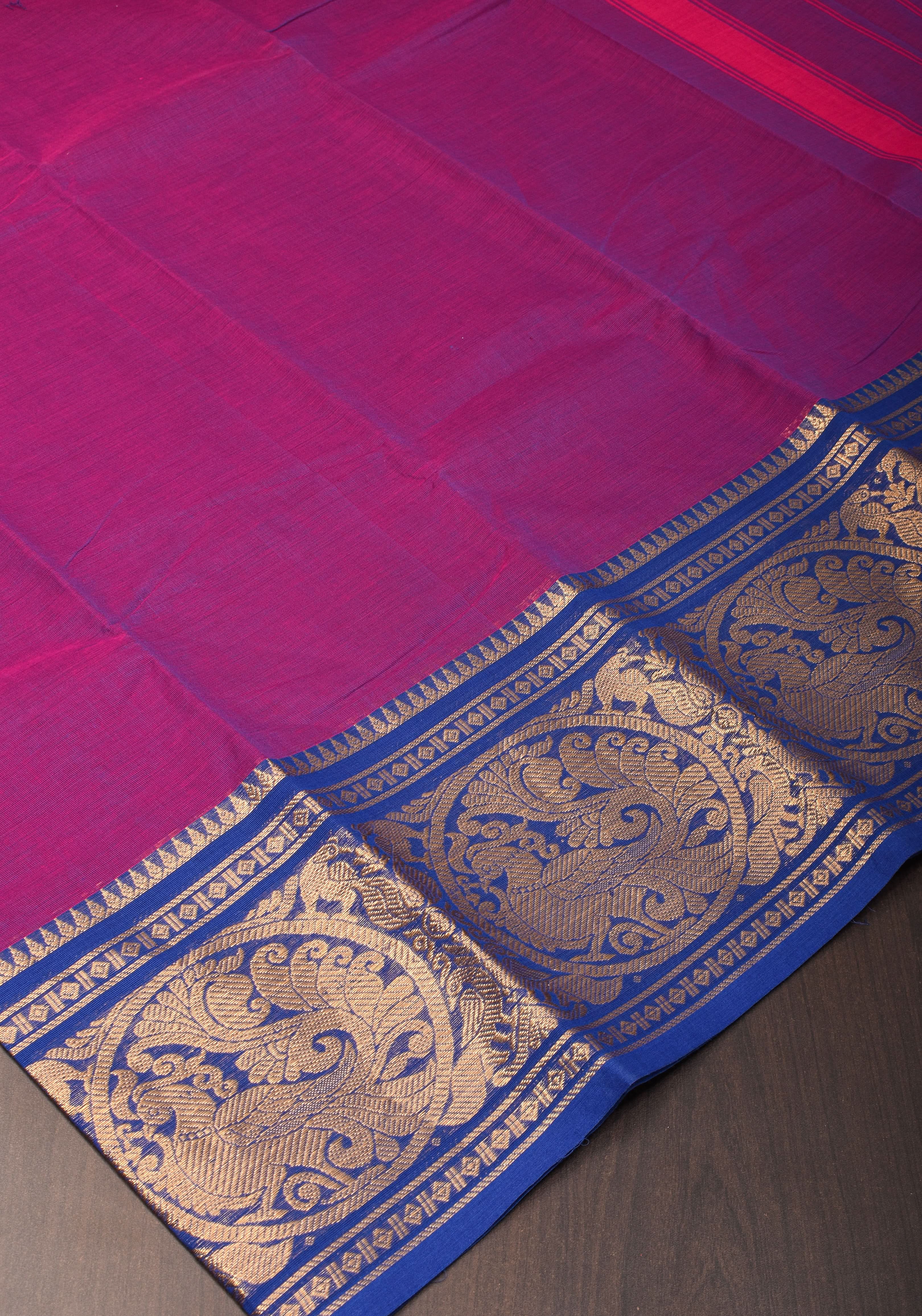 Purple-Blue Dual tone Kanchi Cotton Saree with tradional zari borders on Blue base, No Blouse piece | Shobitam