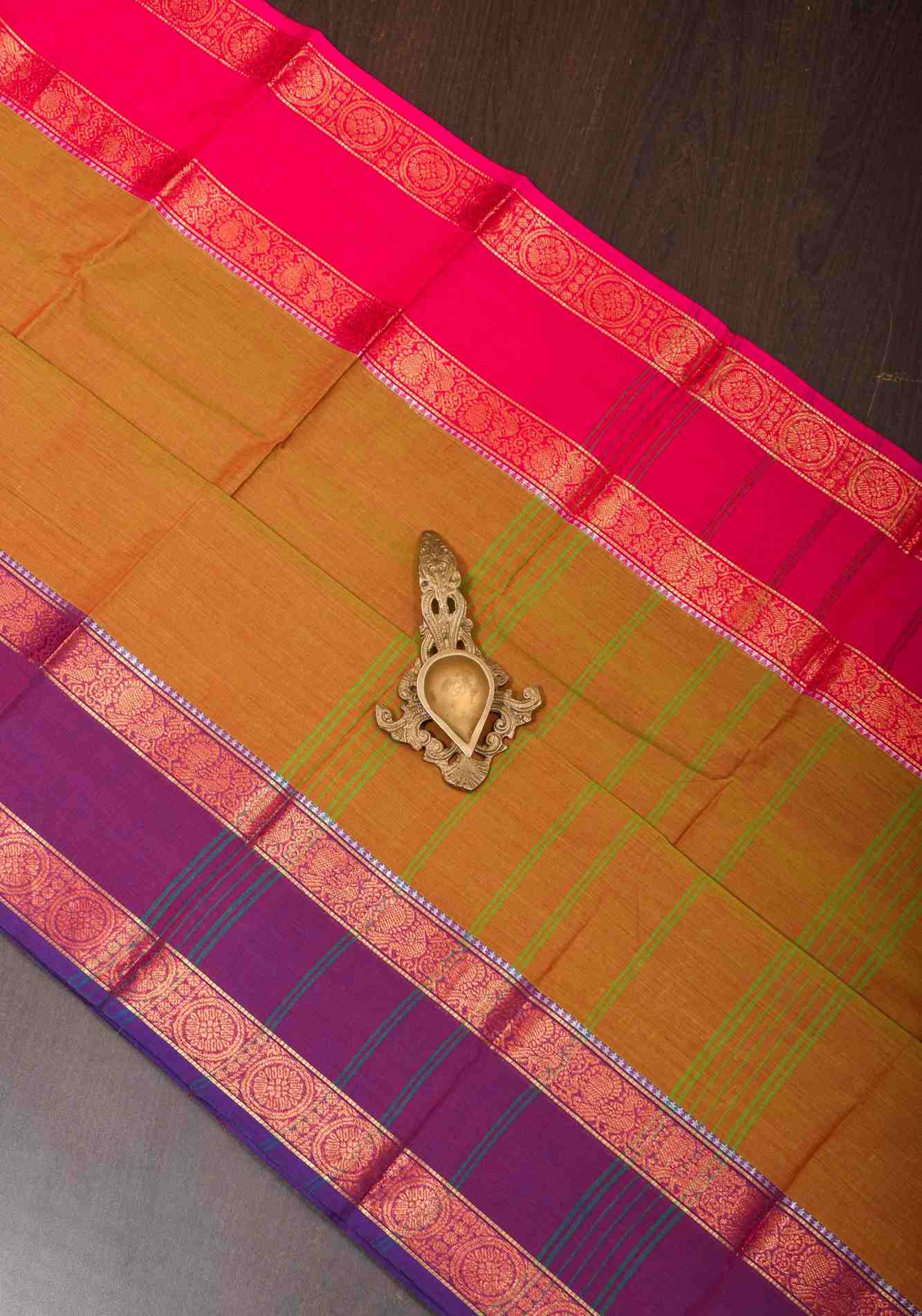 Green-Red Dual tone Kanchi Cotton Prestitched Ready to Wear Saree with Ganga Jamuna zari border