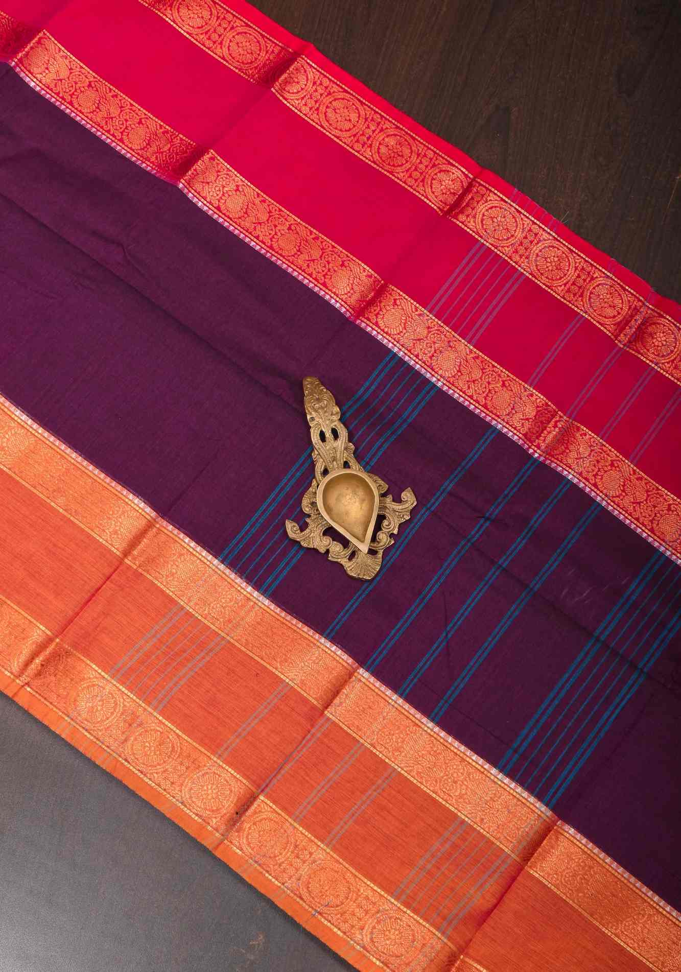 Eggplant Kanchi Cotton Saree with Ganga Jamuna zari border