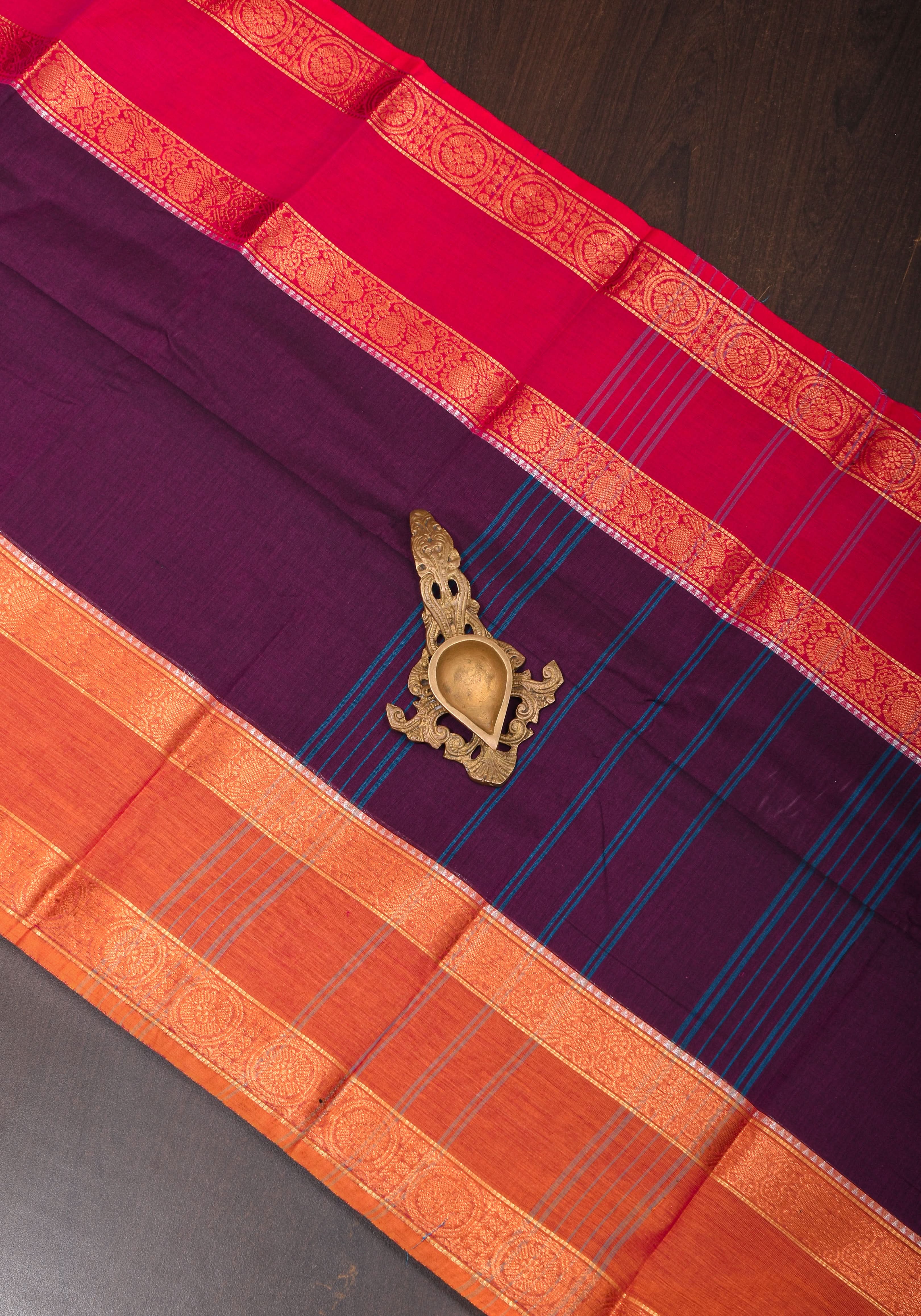 Eggplant Kanchi Cotton Saree with Ganga Jamuna zari border | Shobitam