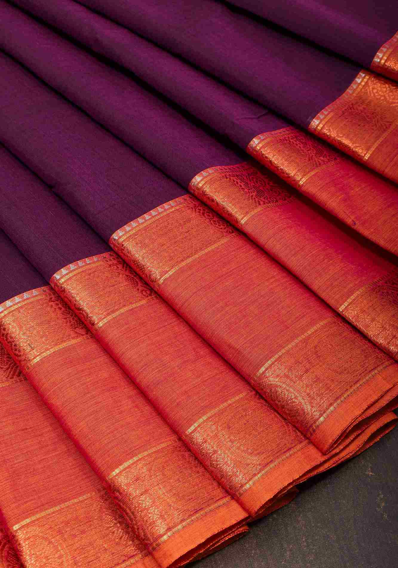 Eggplant Kanchi Cotton Saree with Ganga Jamuna zari border