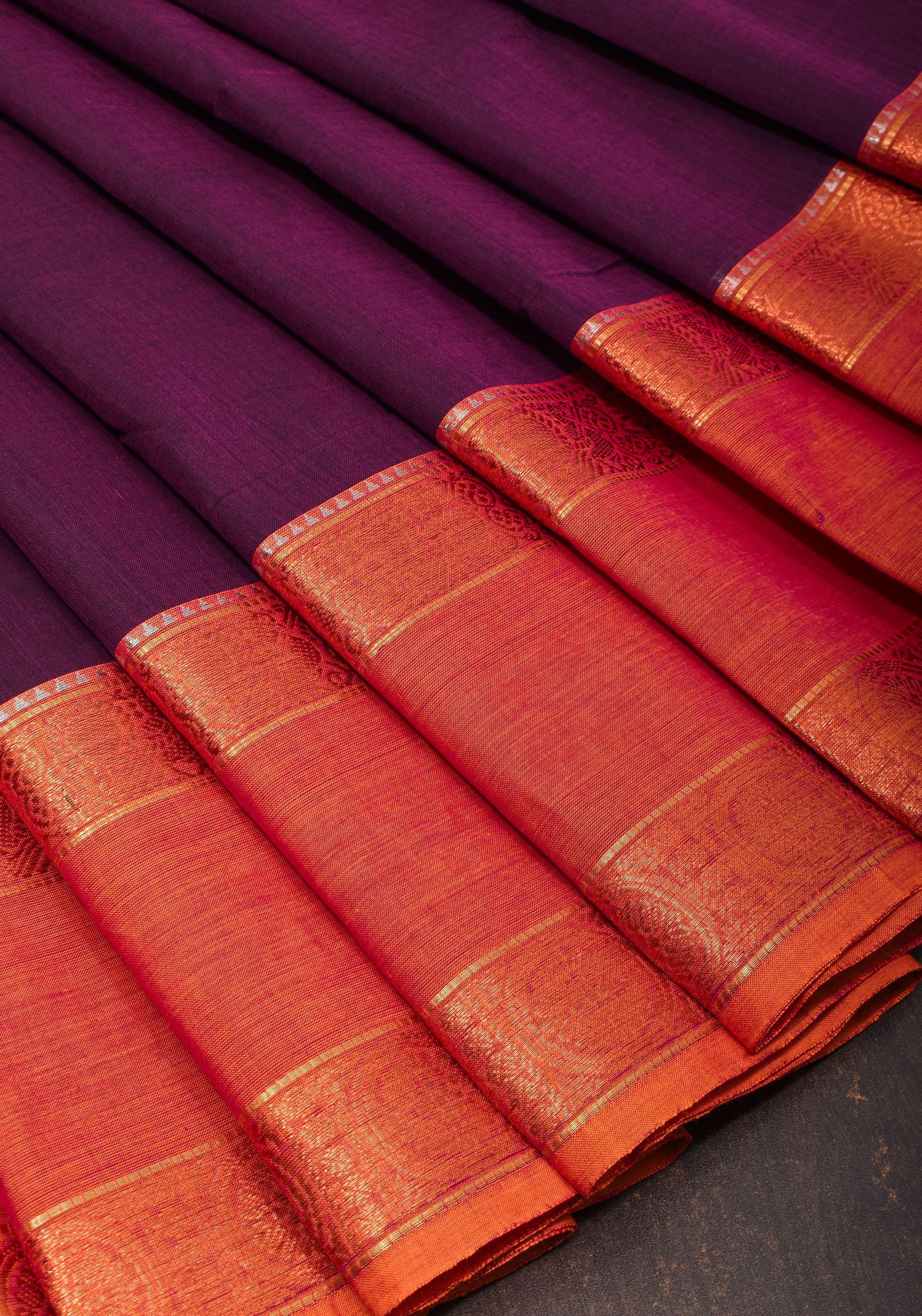 Eggplant Kanchi Cotton Saree with Ganga Jamuna zari border | Shobitam