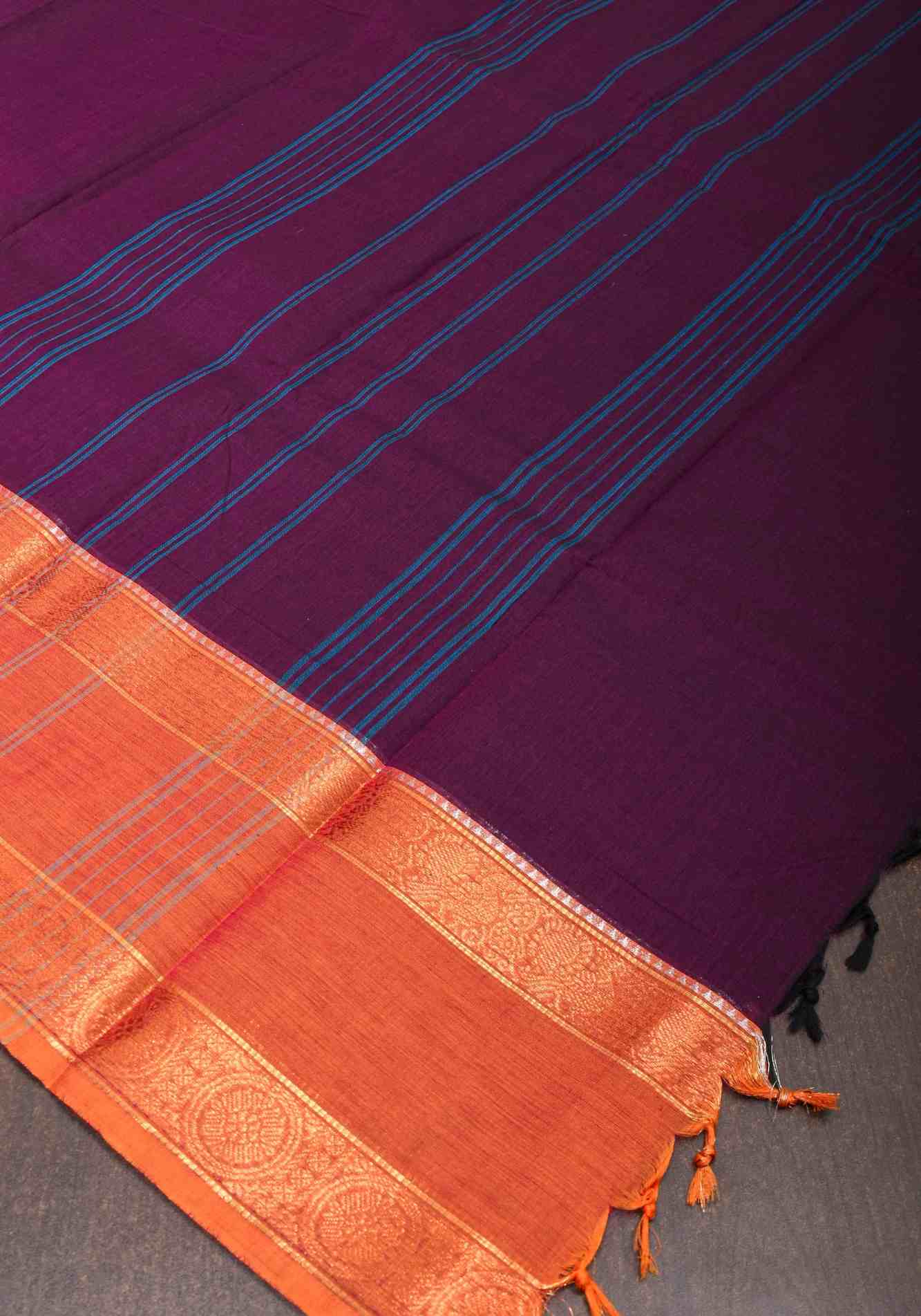 Eggplant Kanchi Cotton Saree with Ganga Jamuna zari border