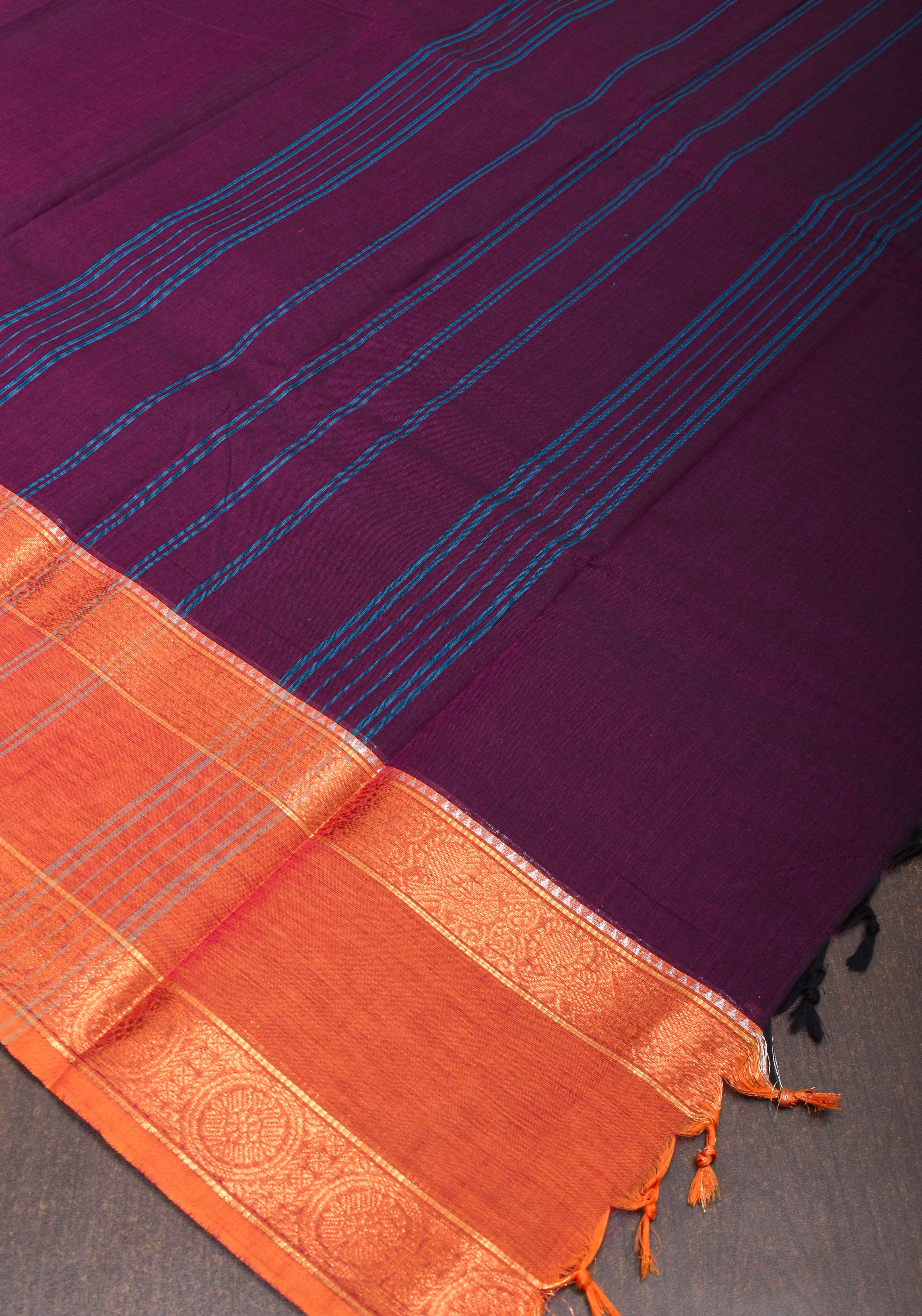Eggplant Kanchi Cotton Saree with Ganga Jamuna zari border | Shobitam