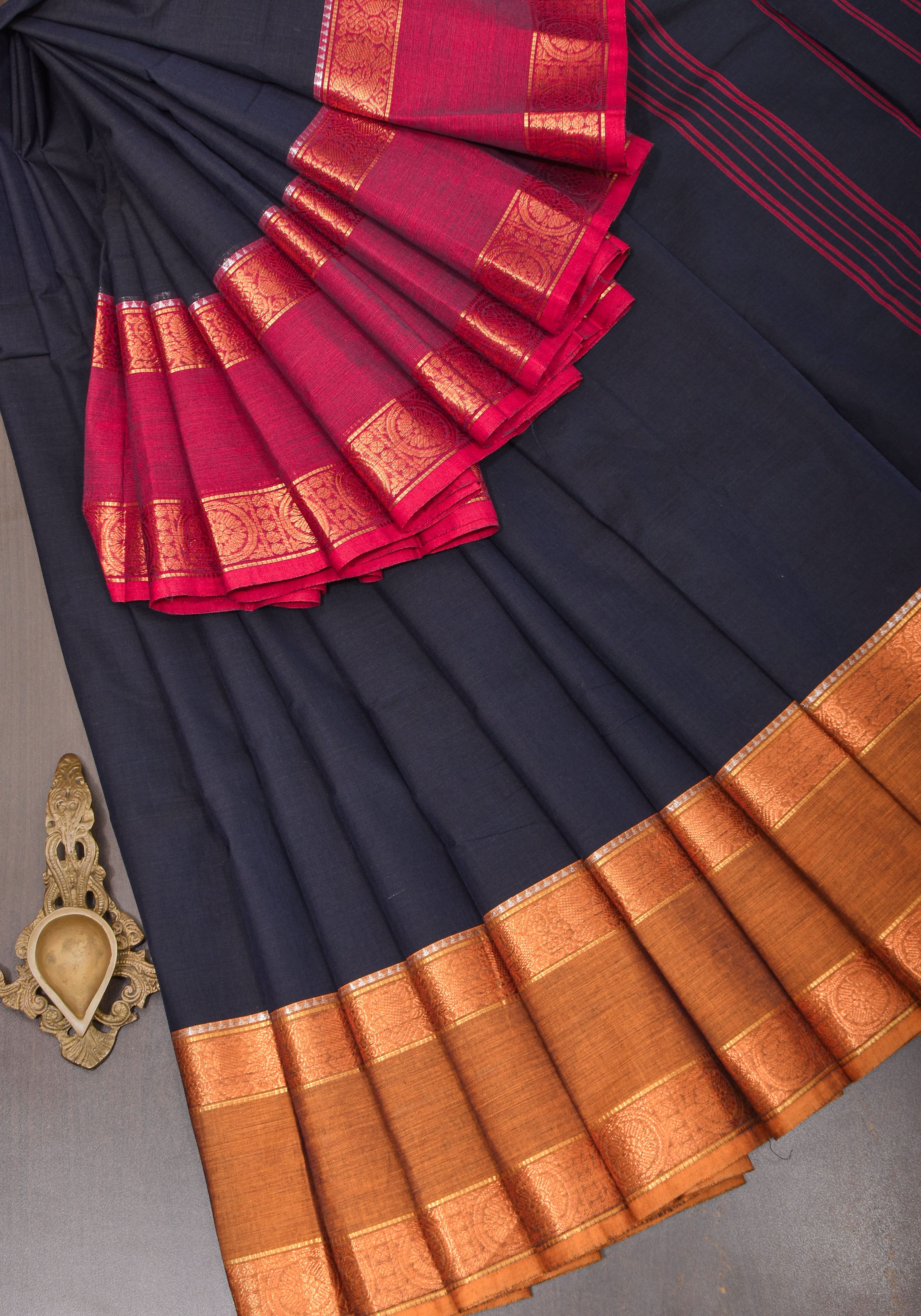 Blue Black Kanchi Cotton Saree with Ganga Jamuna zari border