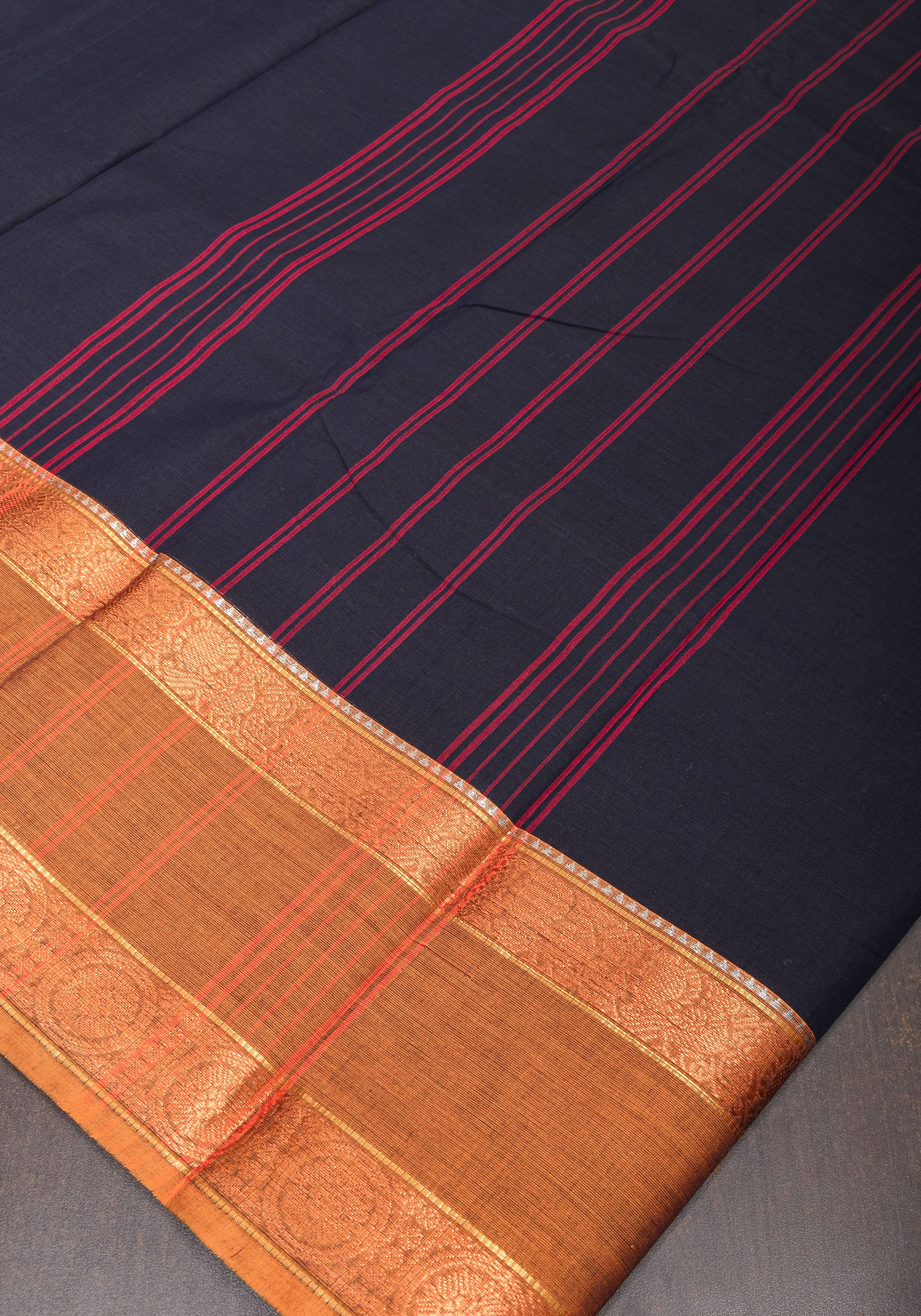 Blue Black Kanchi Cotton Saree with Ganga Jamuna zari border | Shobitam