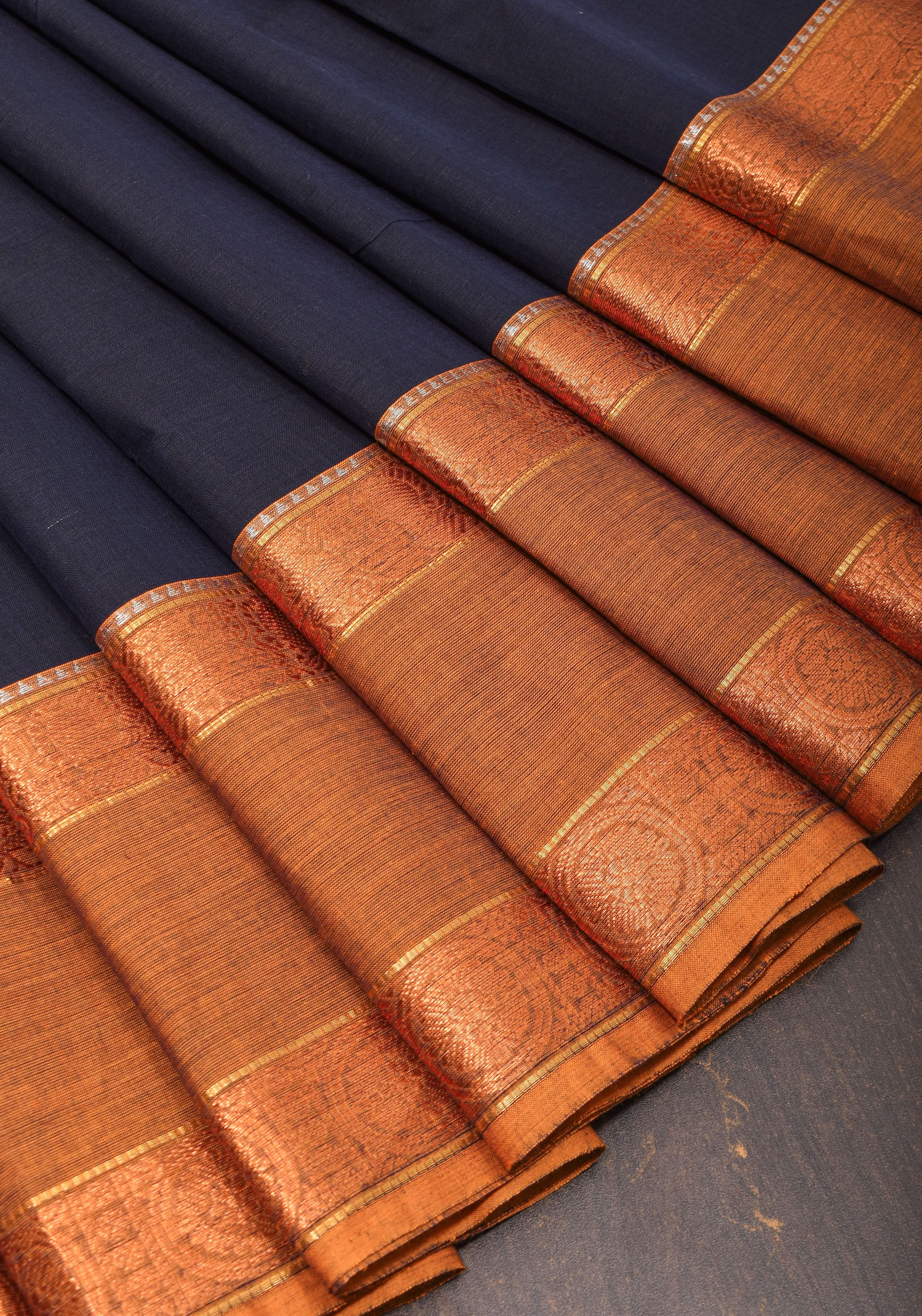 Blue Black Kanchi Cotton Saree with Ganga Jamuna zari border