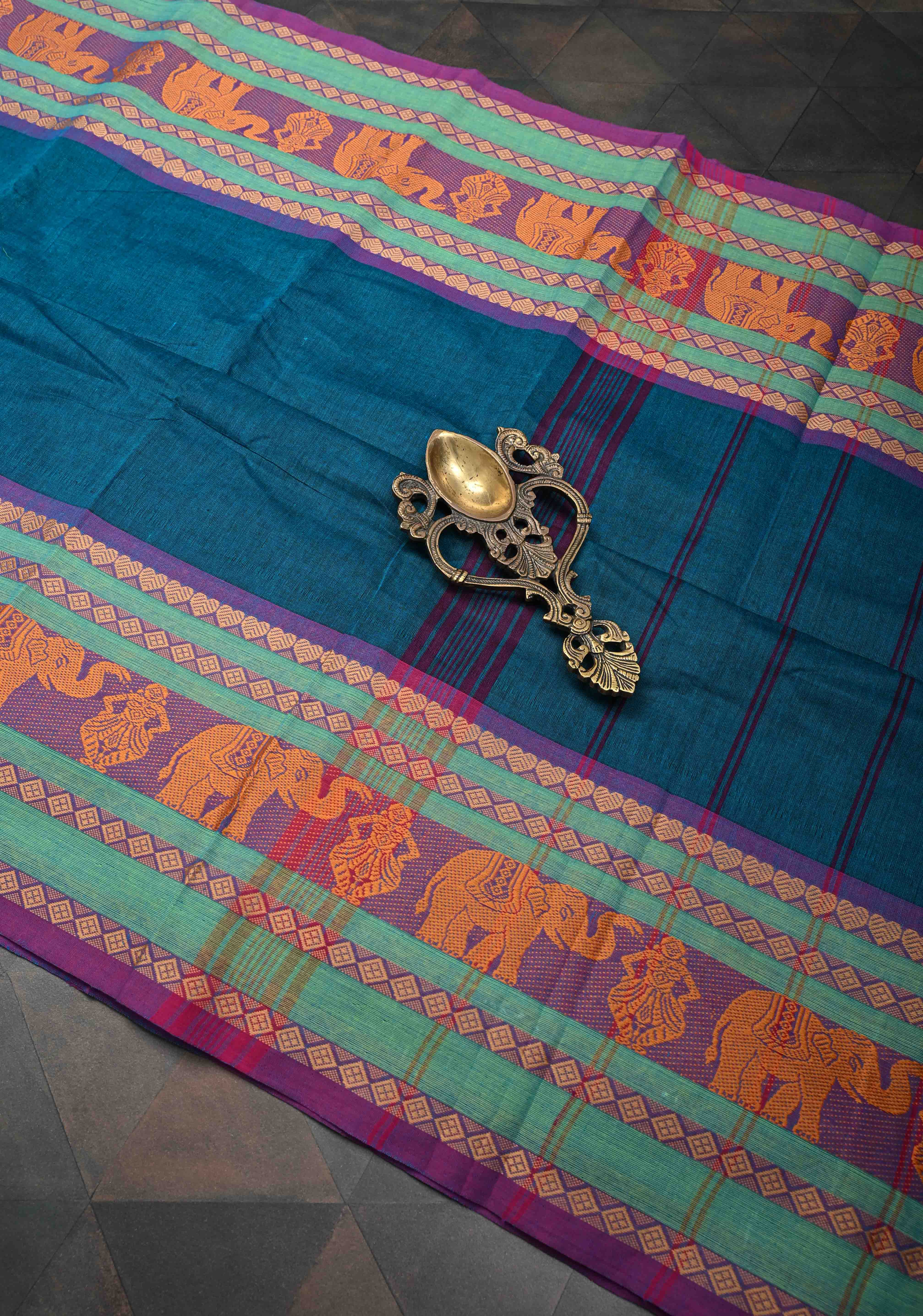 Teal Blue Kanchi Cotton Saree with Contrast Resham Border | No Blouse piece | Shobitam