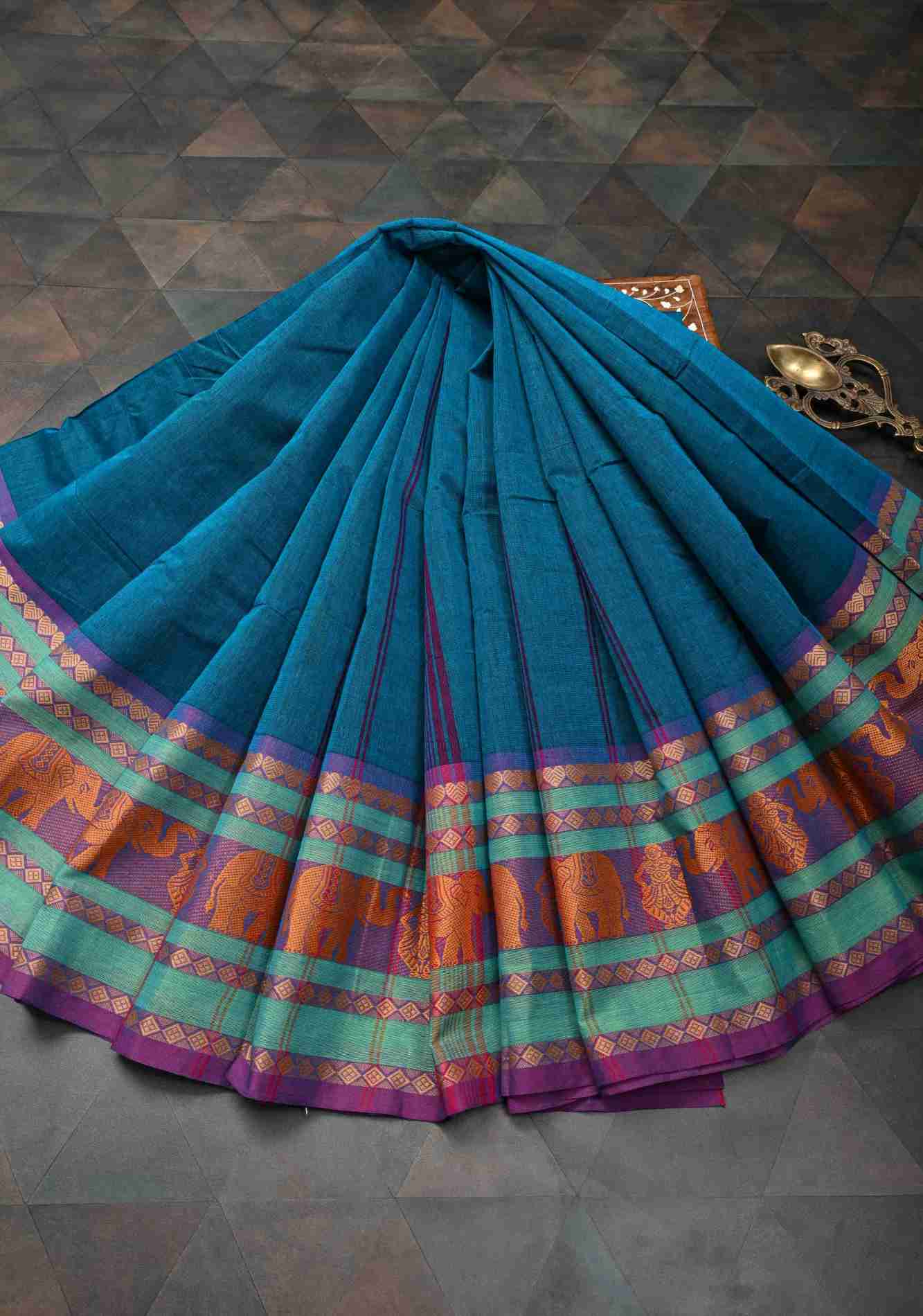 Teal Blue Kanchi Cotton Saree with Contrast Resham Border | No Blouse piece
