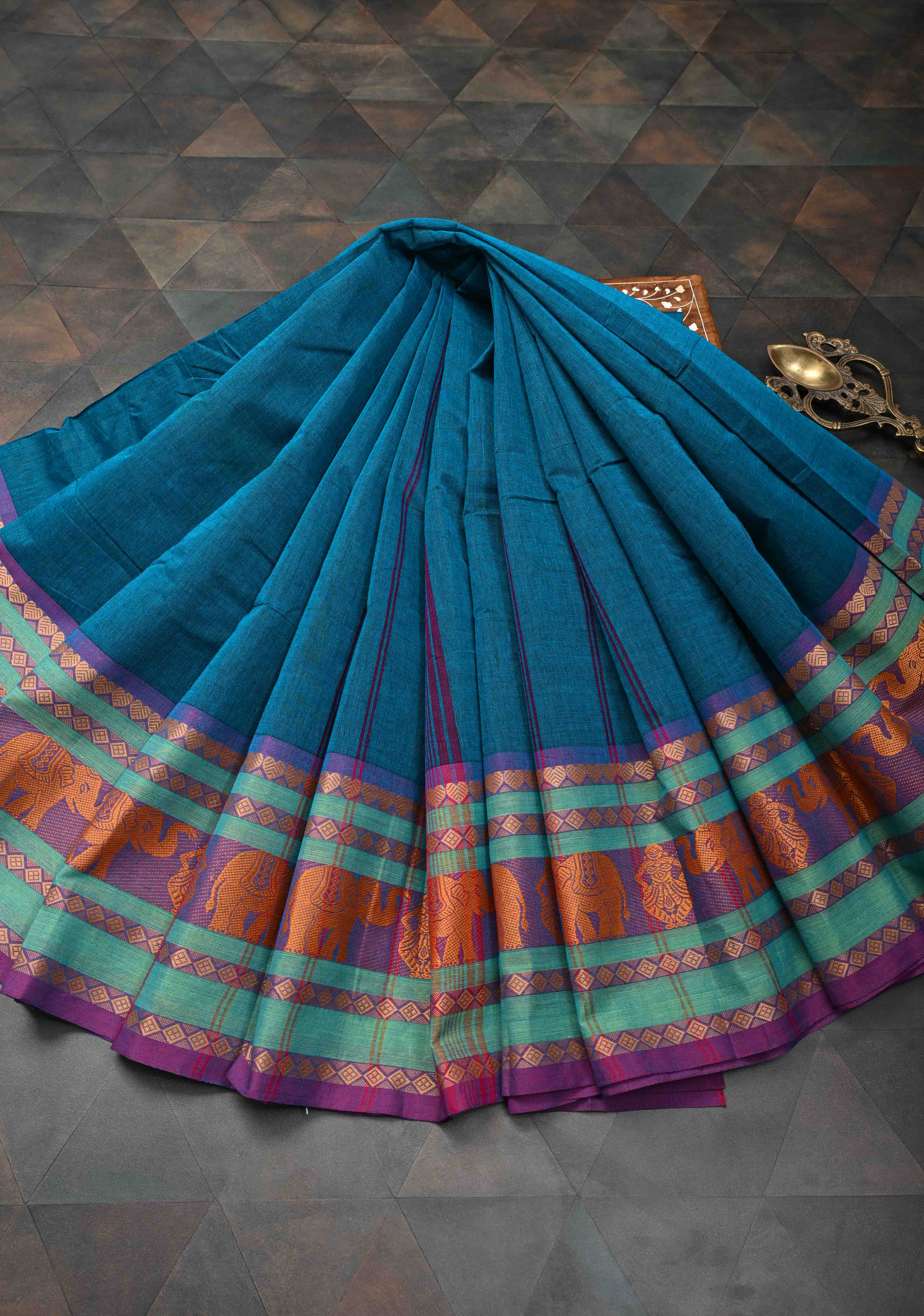 Teal Blue Kanchi Cotton Saree with Contrast Resham Border | No Blouse piece Ready To Wear Saree