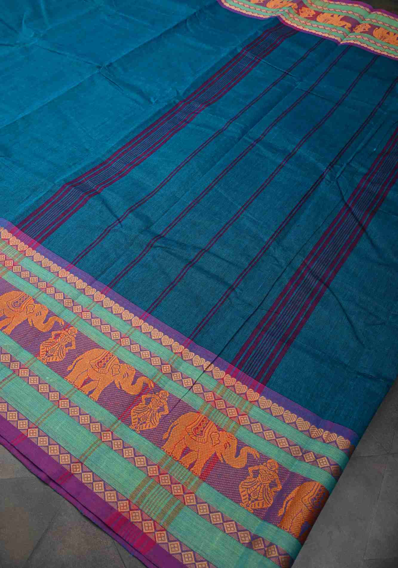 Teal Blue Kanchi Cotton Saree with Contrast Resham Border | No Blouse piece