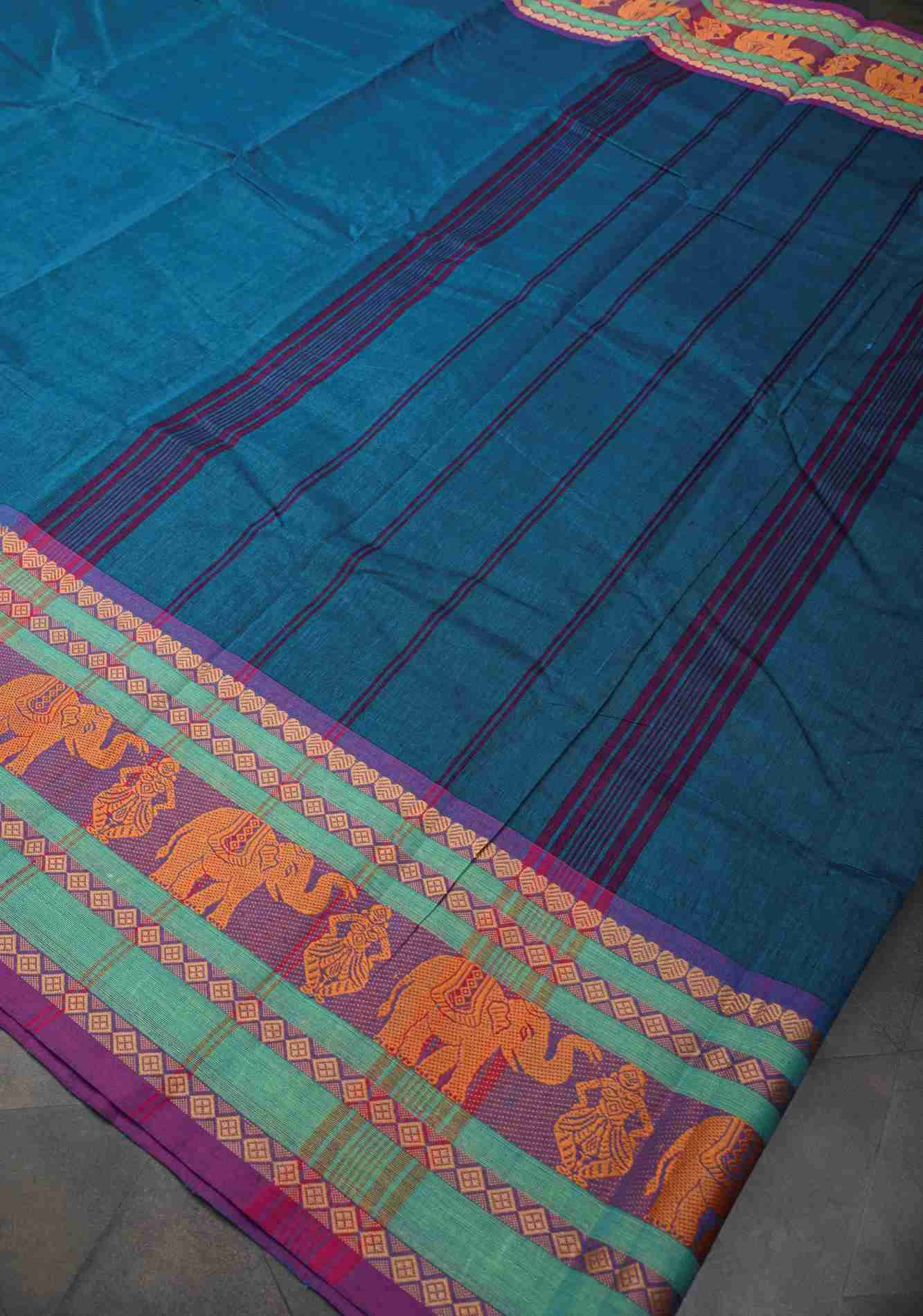 Teal Blue Kanchi Cotton Saree with Contrast Resham Border | No Blouse piece