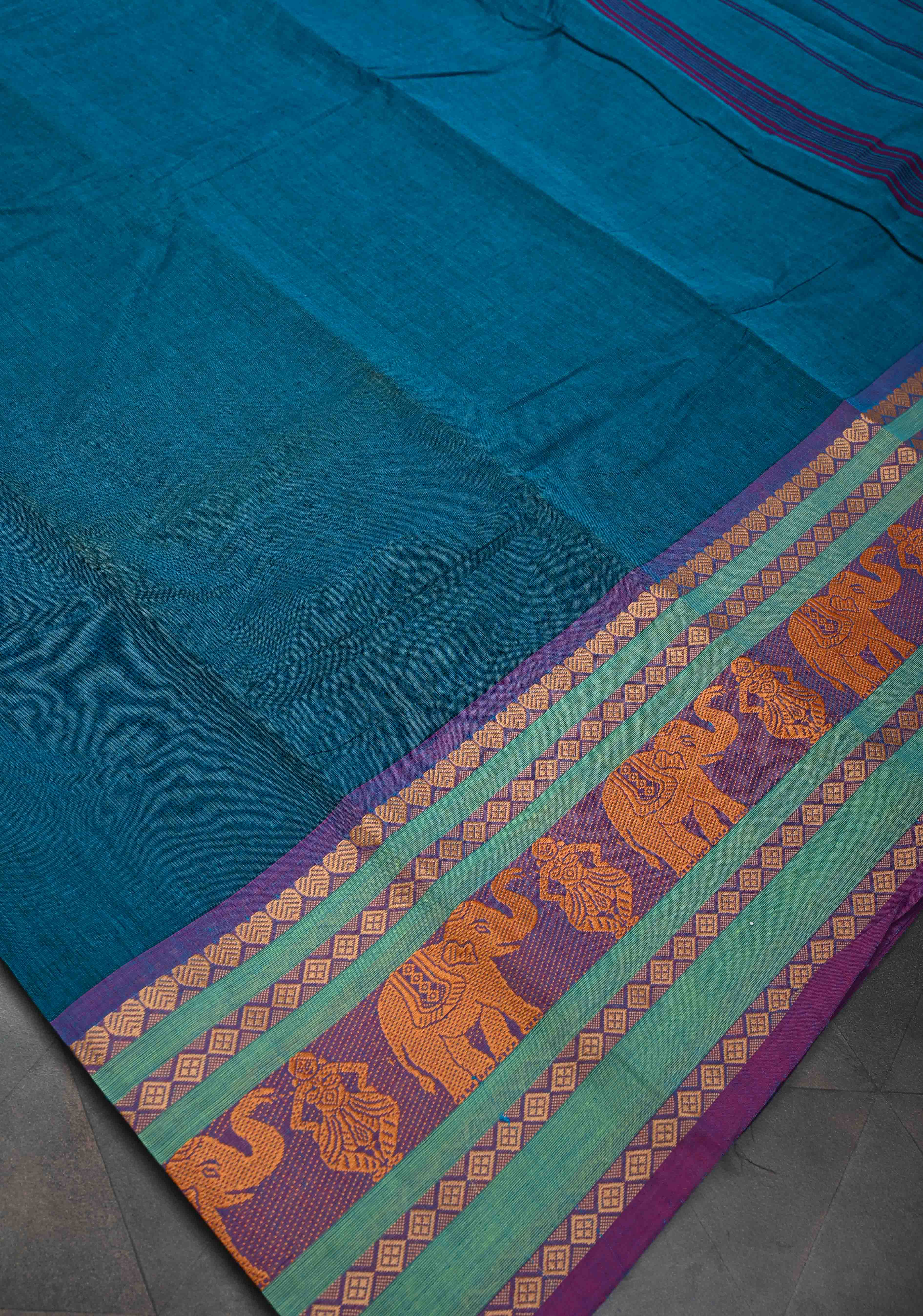 Teal Blue Kanchi Cotton Saree with Contrast Resham Border | No Blouse piece | Shobitam