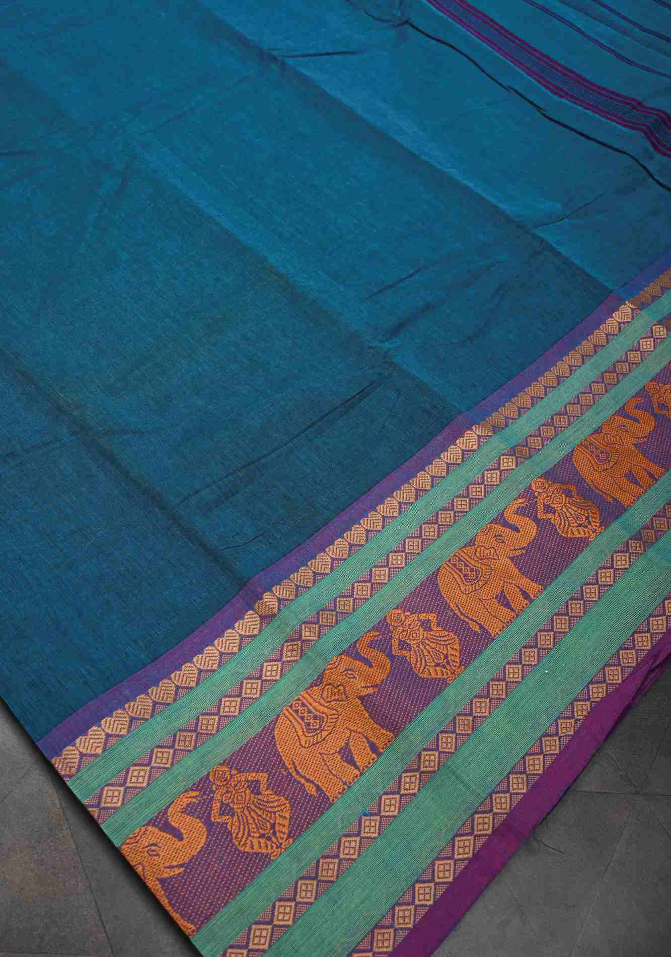 Teal Blue Kanchi Cotton Saree with Contrast Resham Border | No Blouse piece