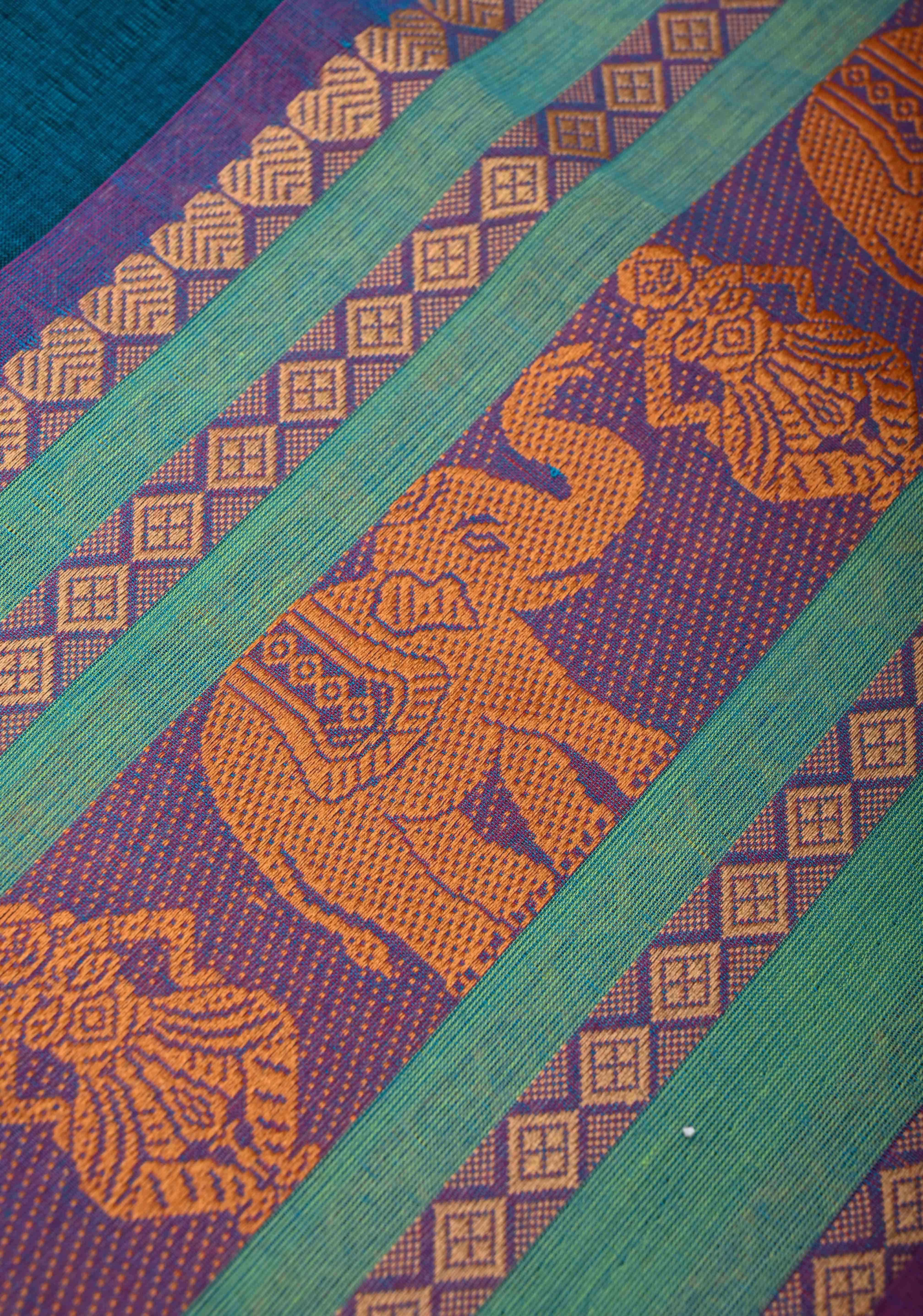 Teal Blue Kanchi Cotton Saree with Contrast Resham Border | No Blouse piece | Shobitam