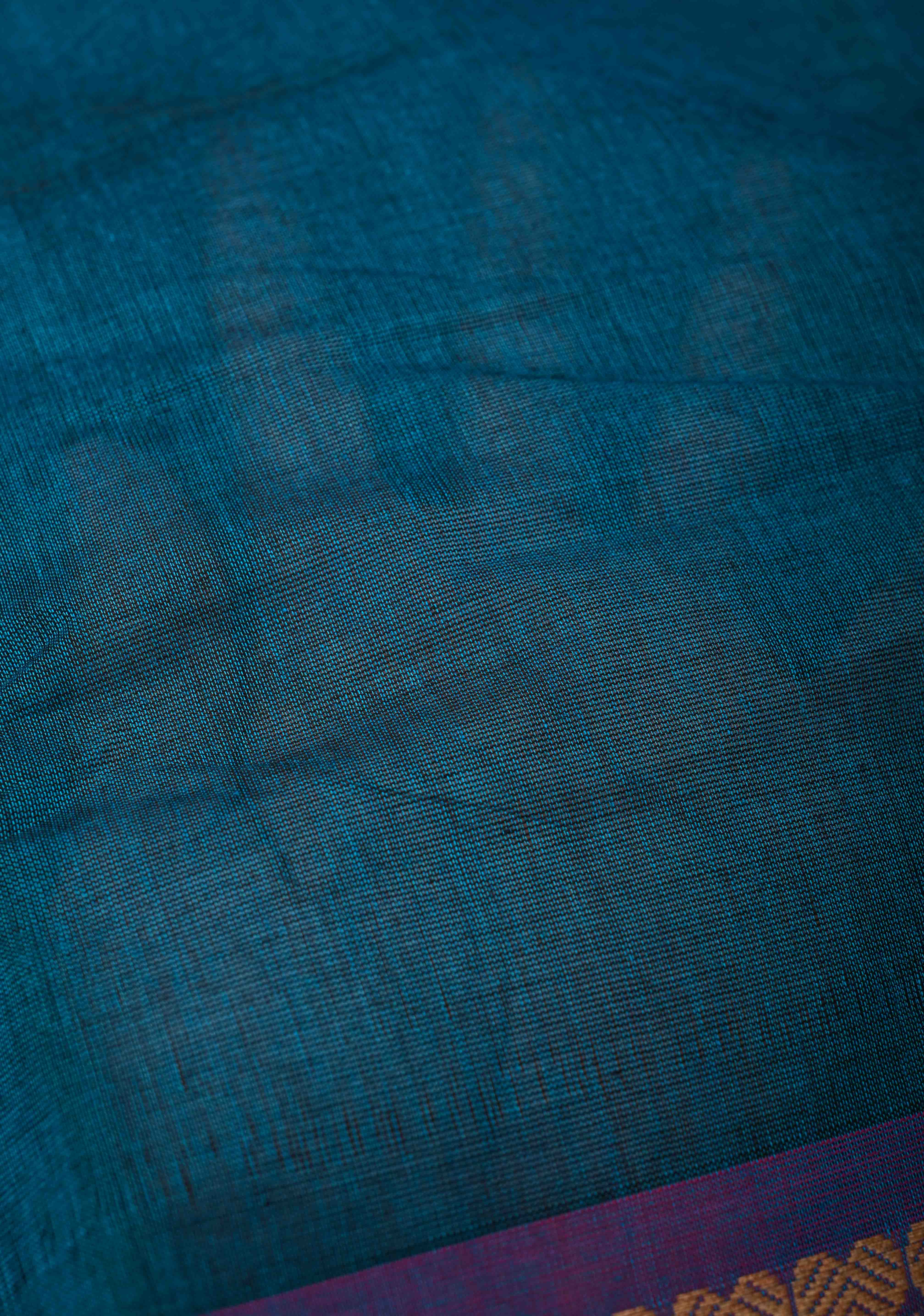Teal Blue Kanchi Cotton Saree with Contrast Resham Border | No Blouse piece | Shobitam