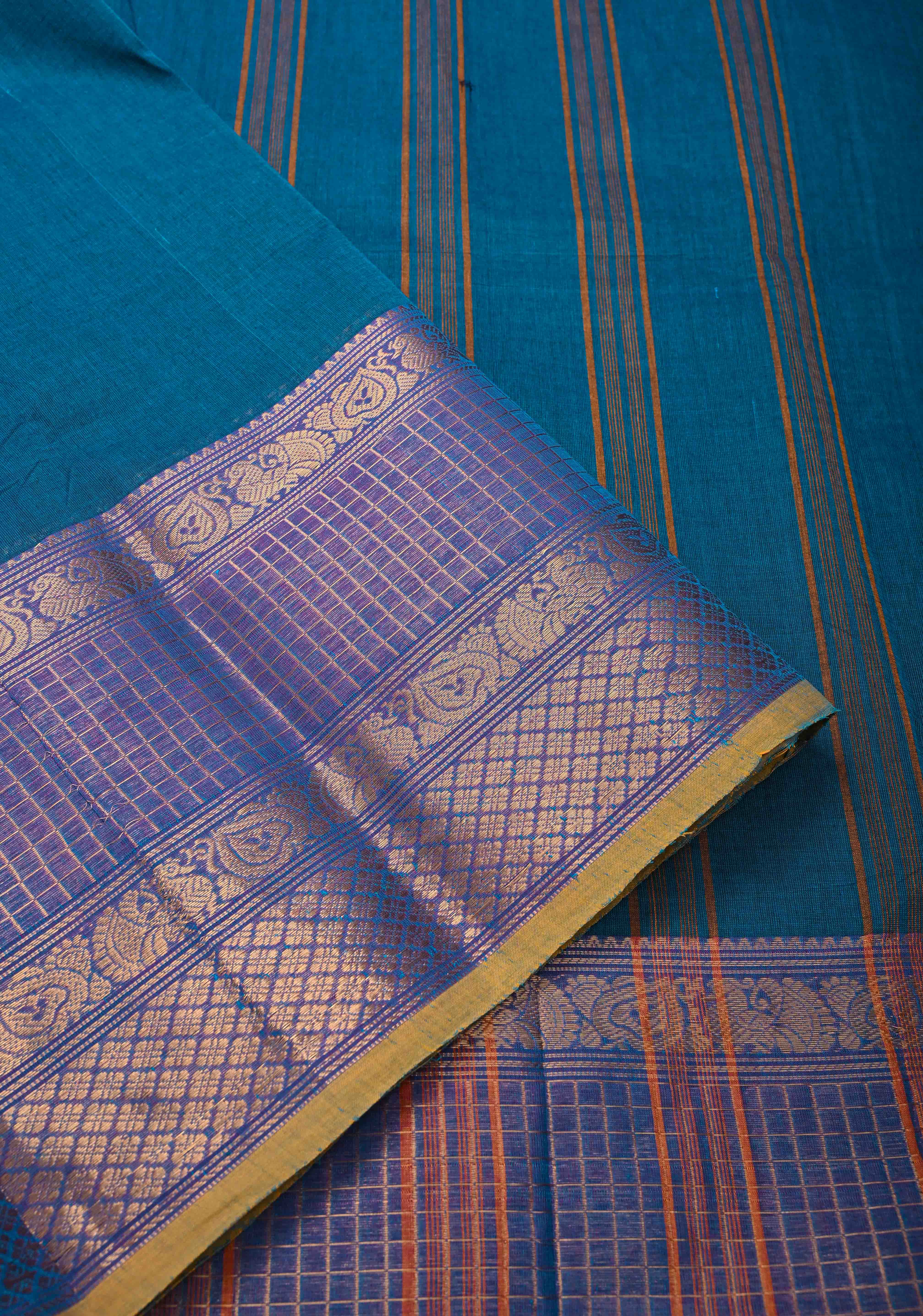 Peacock blue Kanchi Cotton Saree with checked panel zari border, No Blouse piece | Shobitam