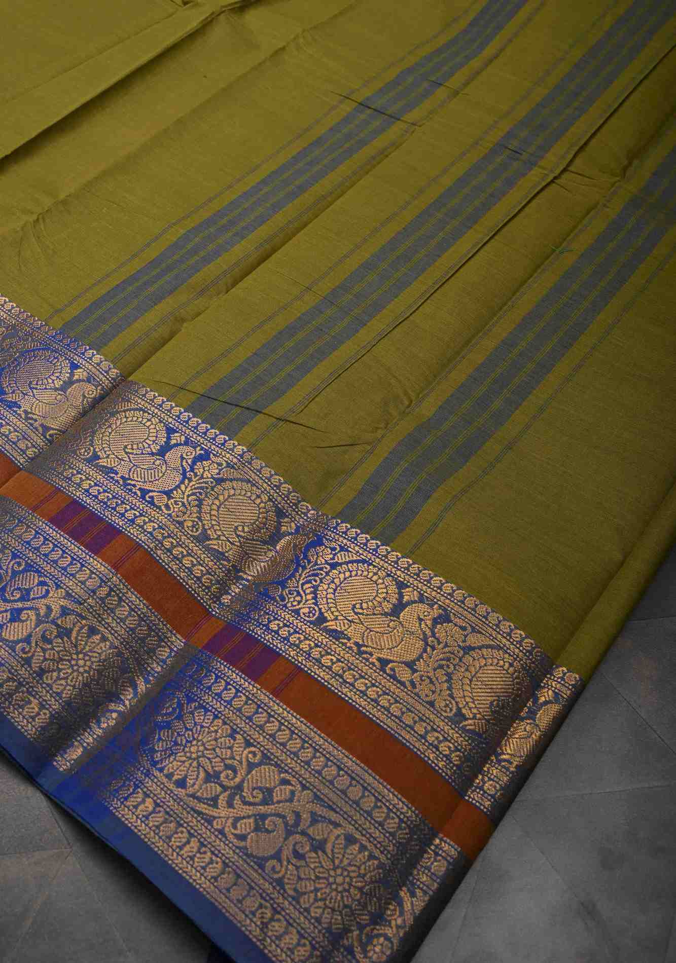 Olive Green Kanchi Cotton Saree with Contrast Zari Border | No Blouse piece