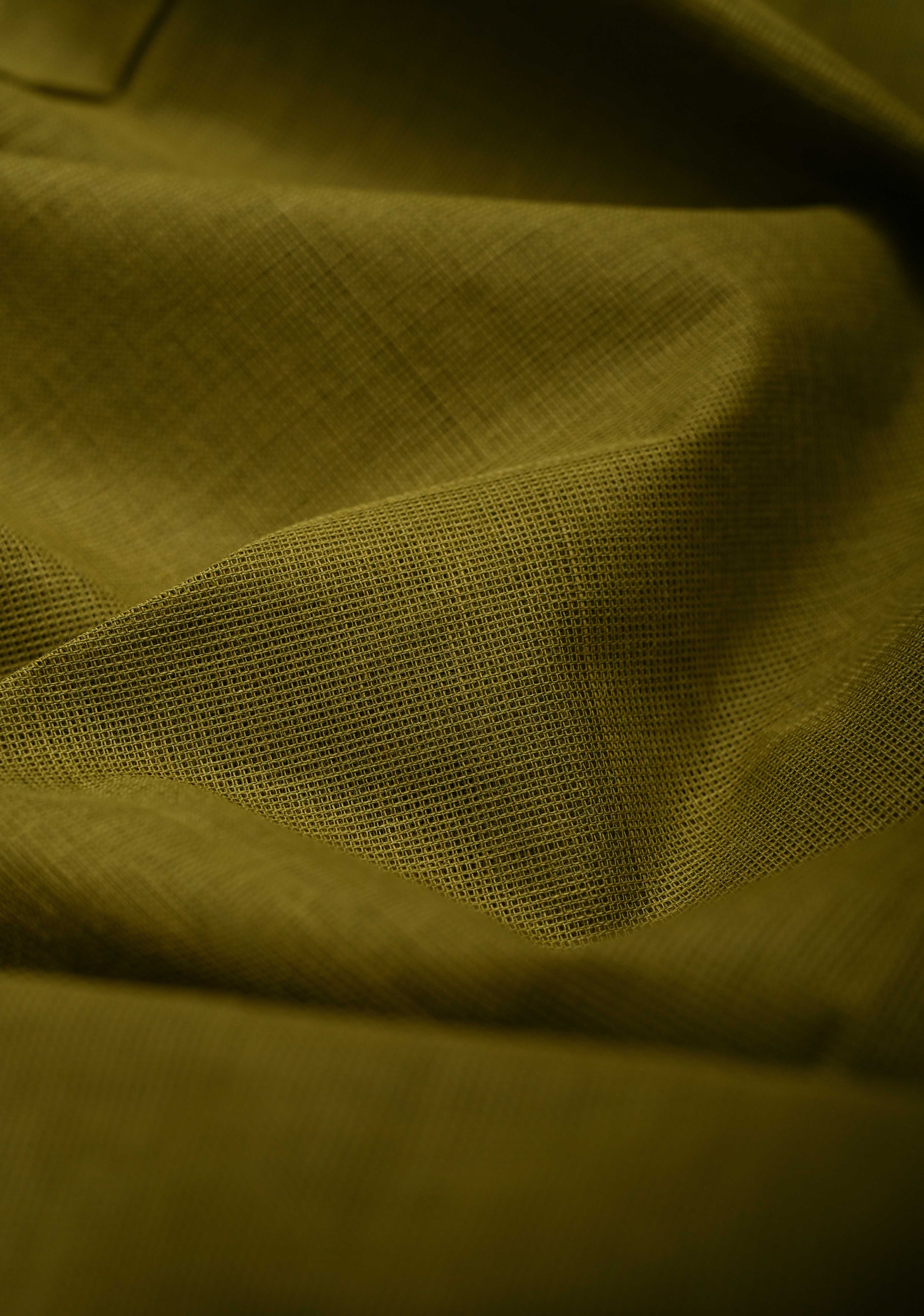 Olive Green Kanchi Cotton Saree with Contrast Zari Border | No Blouse piece | Shobitam