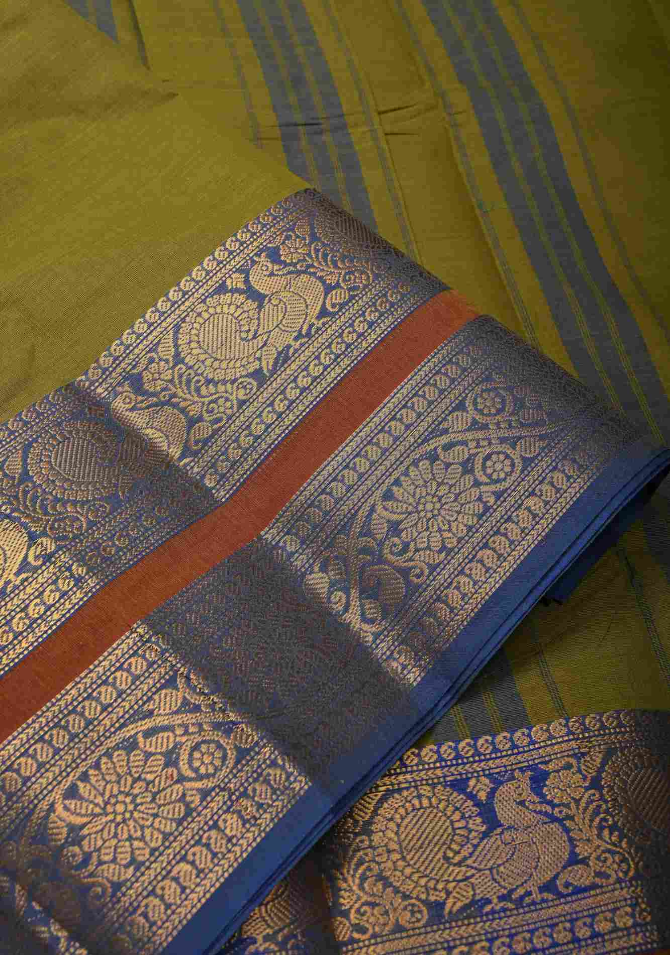 Olive Green Kanchi Cotton Saree with Contrast Zari Border | No Blouse piece