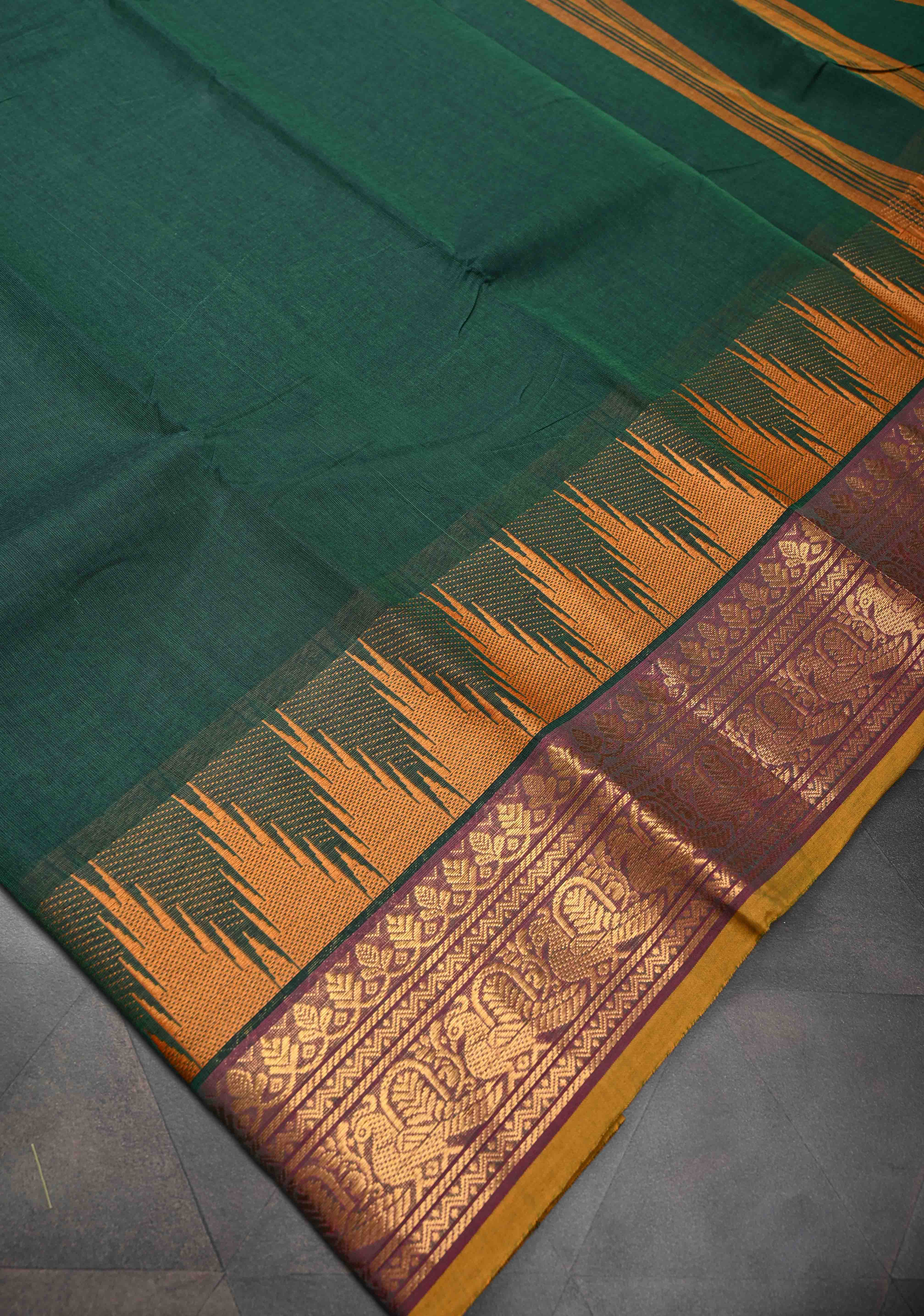 Midnight Moss Kanchi Cotton Saree with Contrast Temple border, No Blouse piece | SHOBITAM