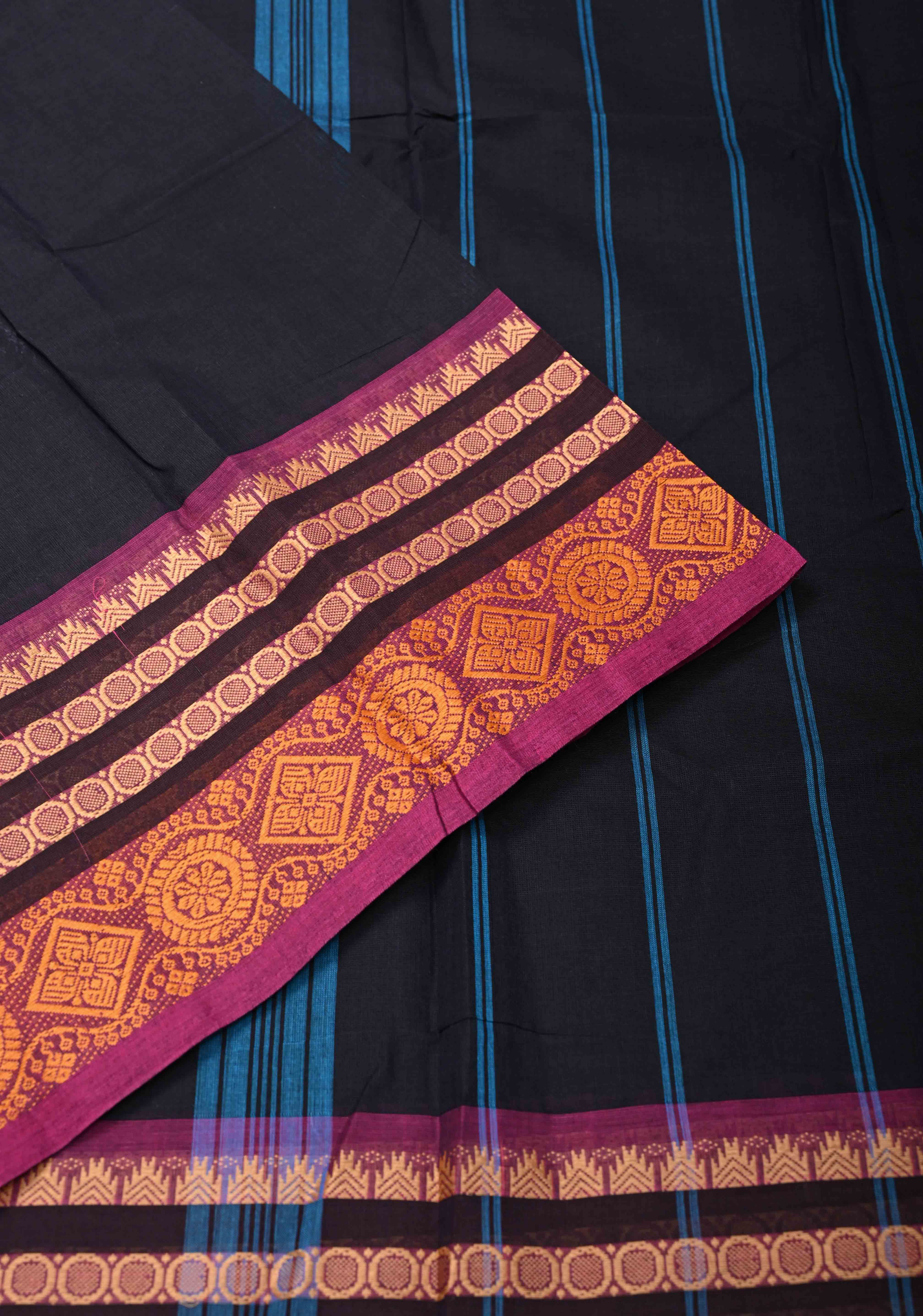 Blue Black Kanchi Cotton Saree with Contrast Zari Border, No Blouse piece | Shobitam