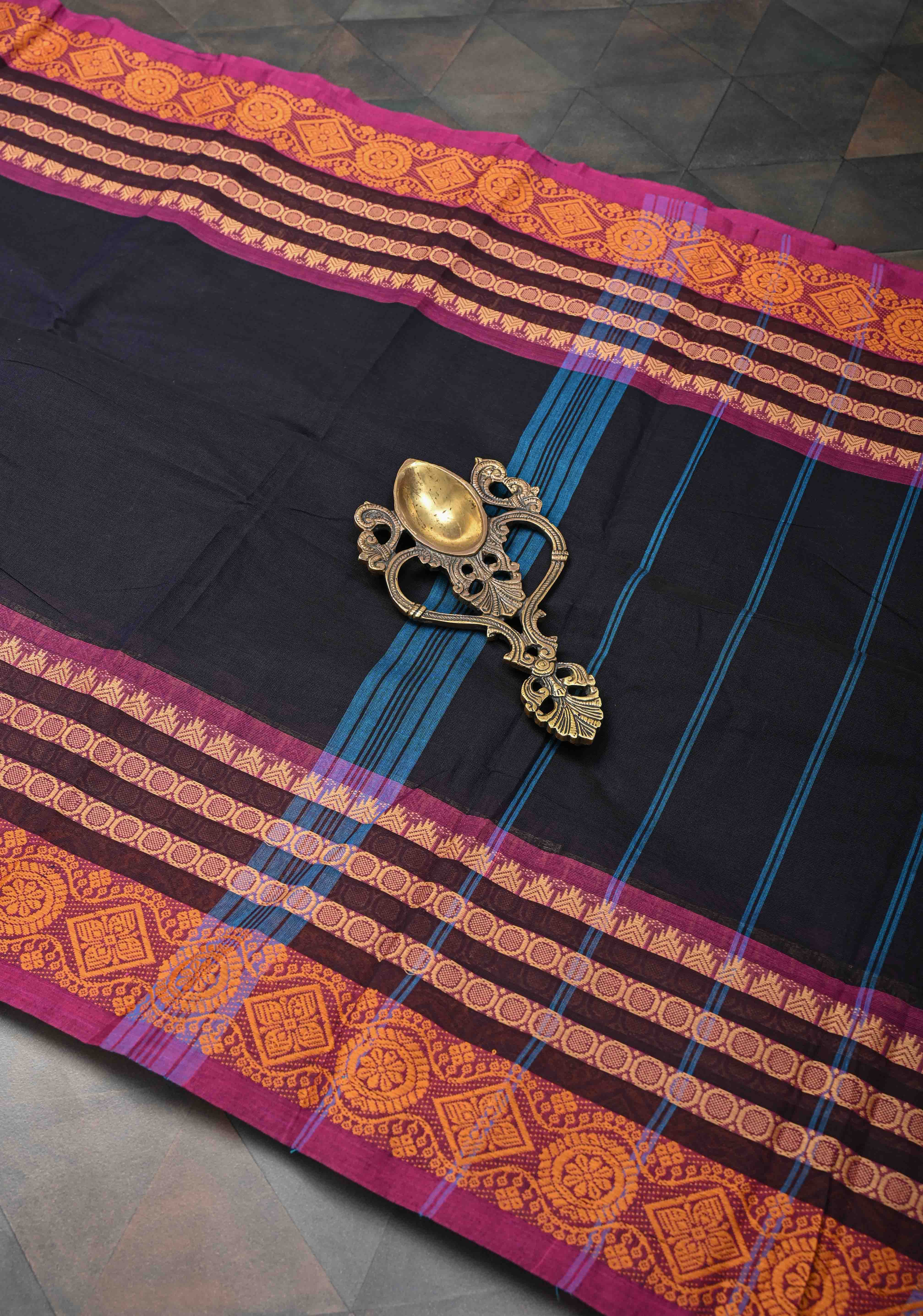 Blue Black Kanchi Cotton Saree with Contrast Zari Border, No Blouse piece | Shobitam