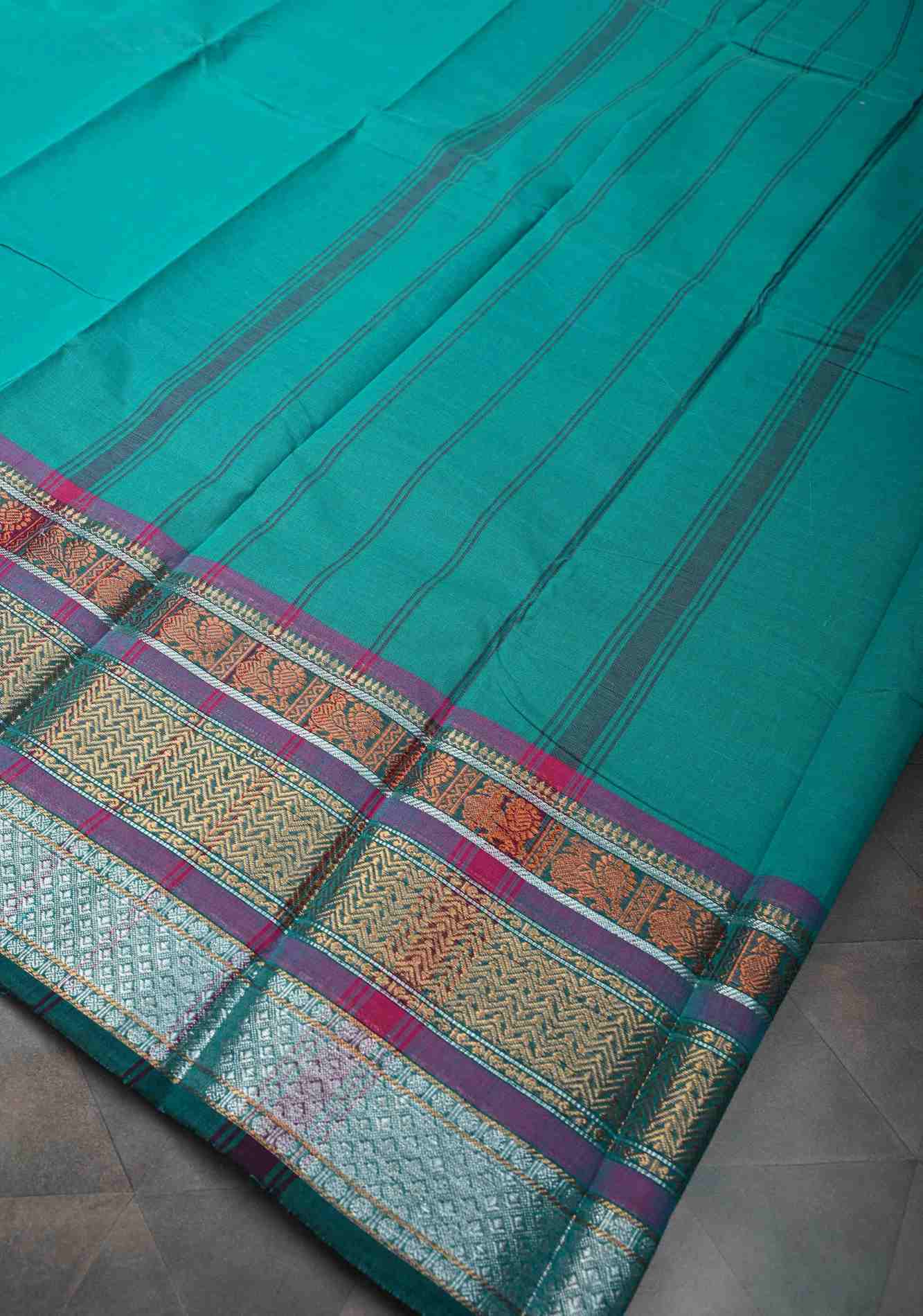 Teal Blue Kanchi Cotton Saree with Contrast Zari Border | No Blouse piece