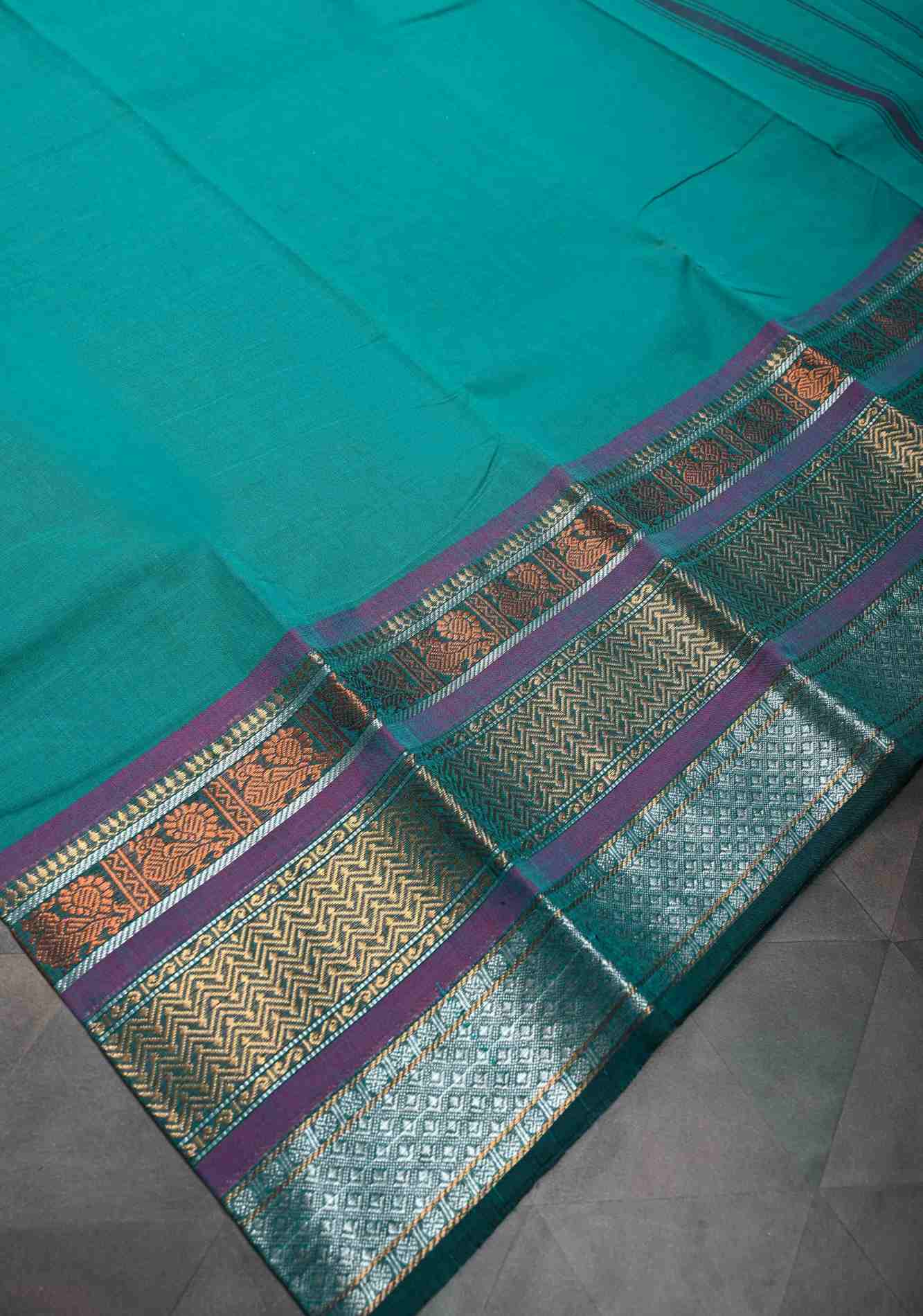 Teal Blue Kanchi Cotton Saree with Contrast Zari Border | No Blouse piece