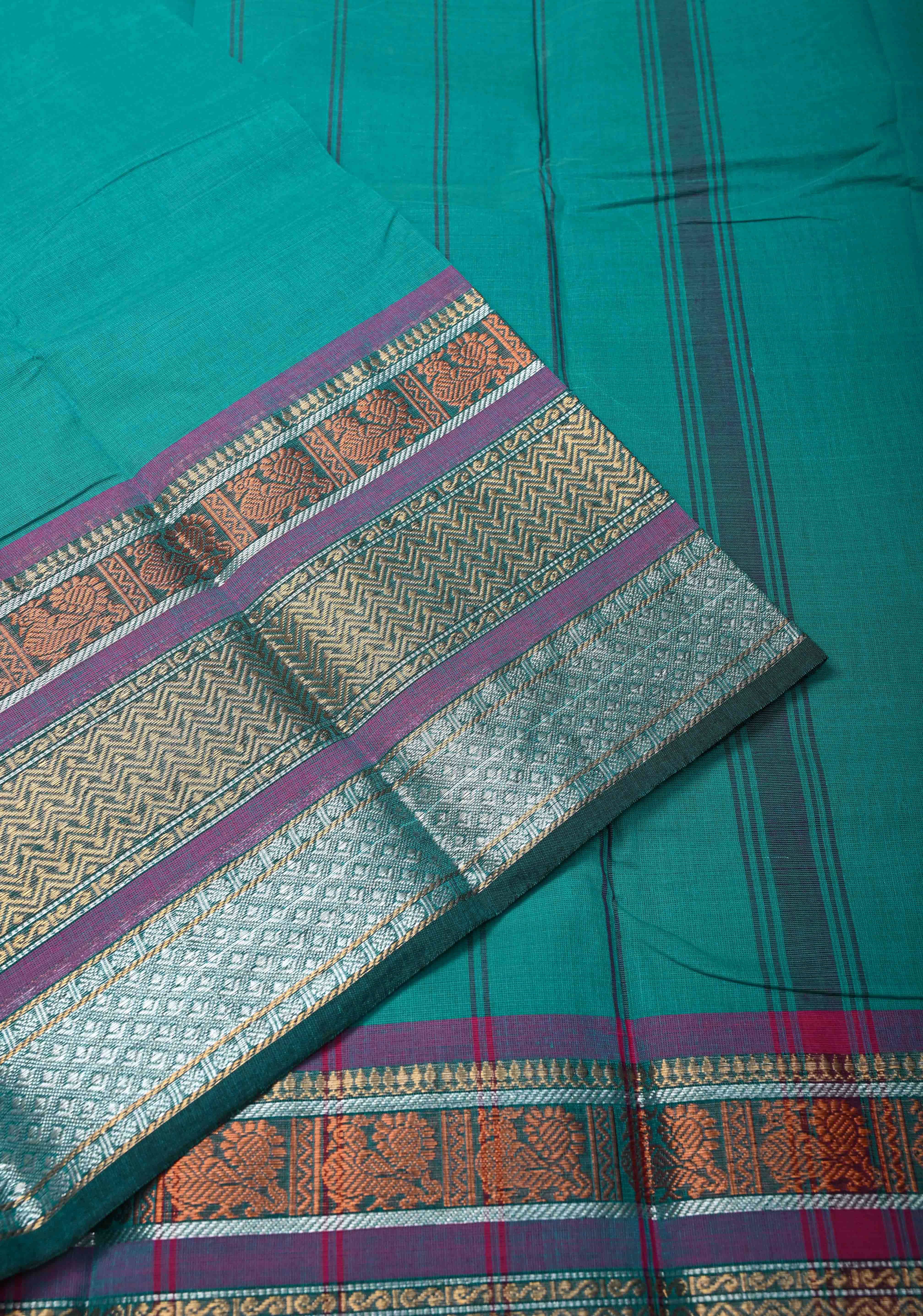 Teal Kanchi Cotton Saree with Contrast Zari Border | No Blouse piece | Shobitam