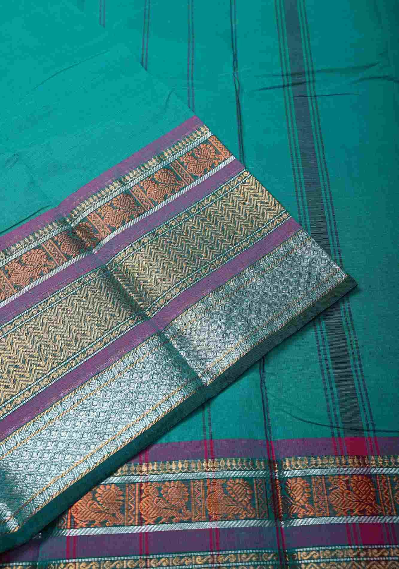 Teal Blue Kanchi Cotton Saree with Contrast Zari Border | No Blouse piece