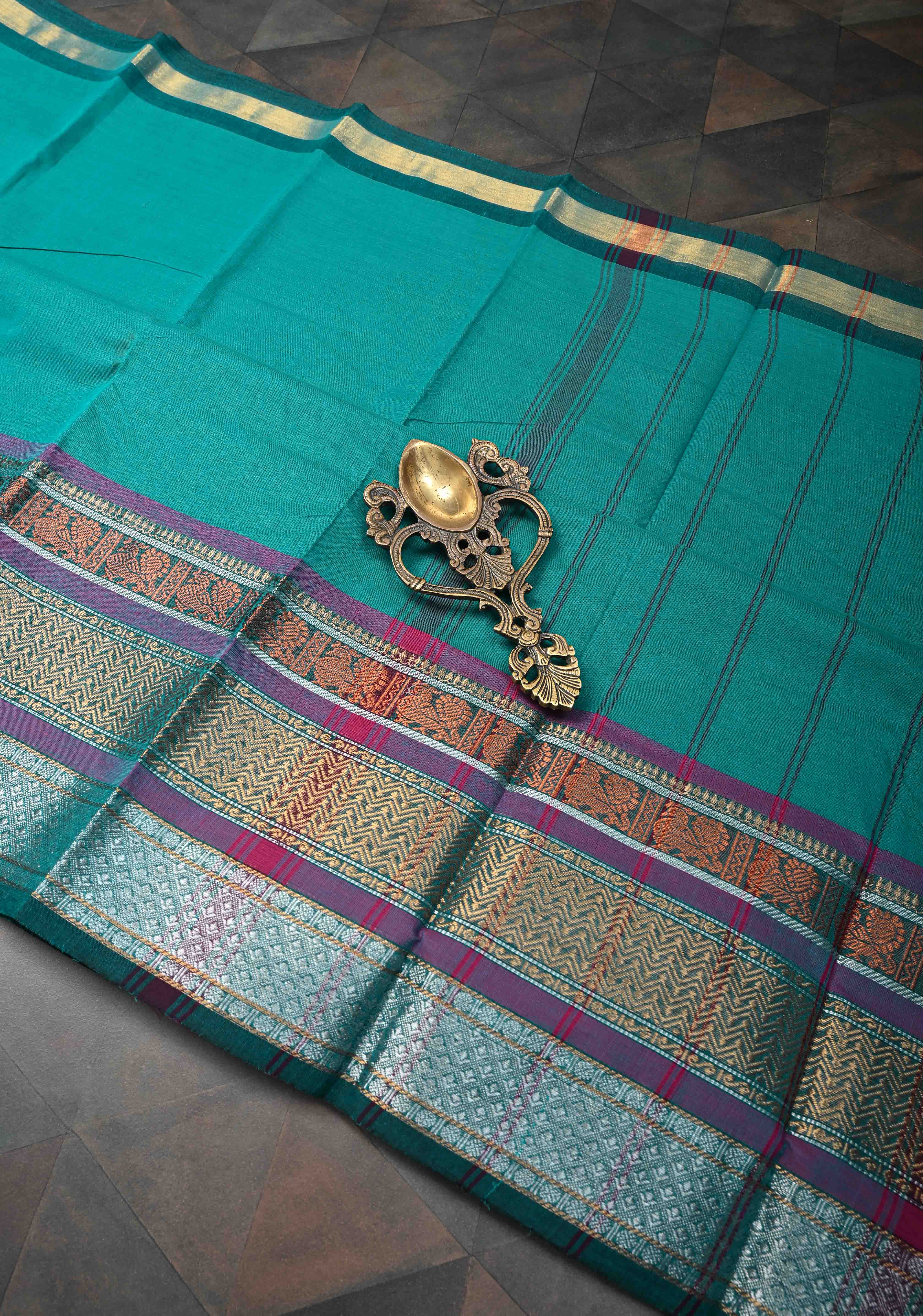 Teal Kanchi Cotton Saree with Contrast Zari Border | No Blouse piece