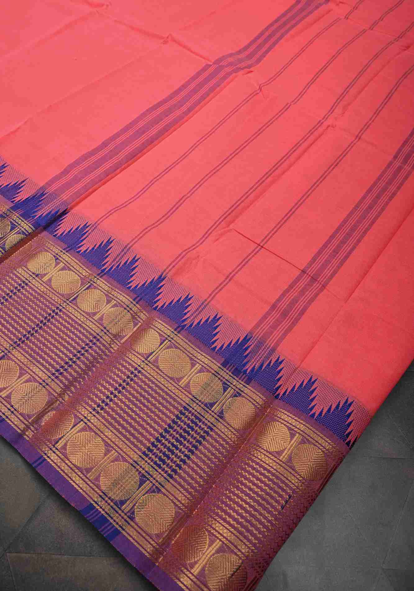 Salmon Kanchi Cotton Saree with Contrast Zari Border | No Blouse piece