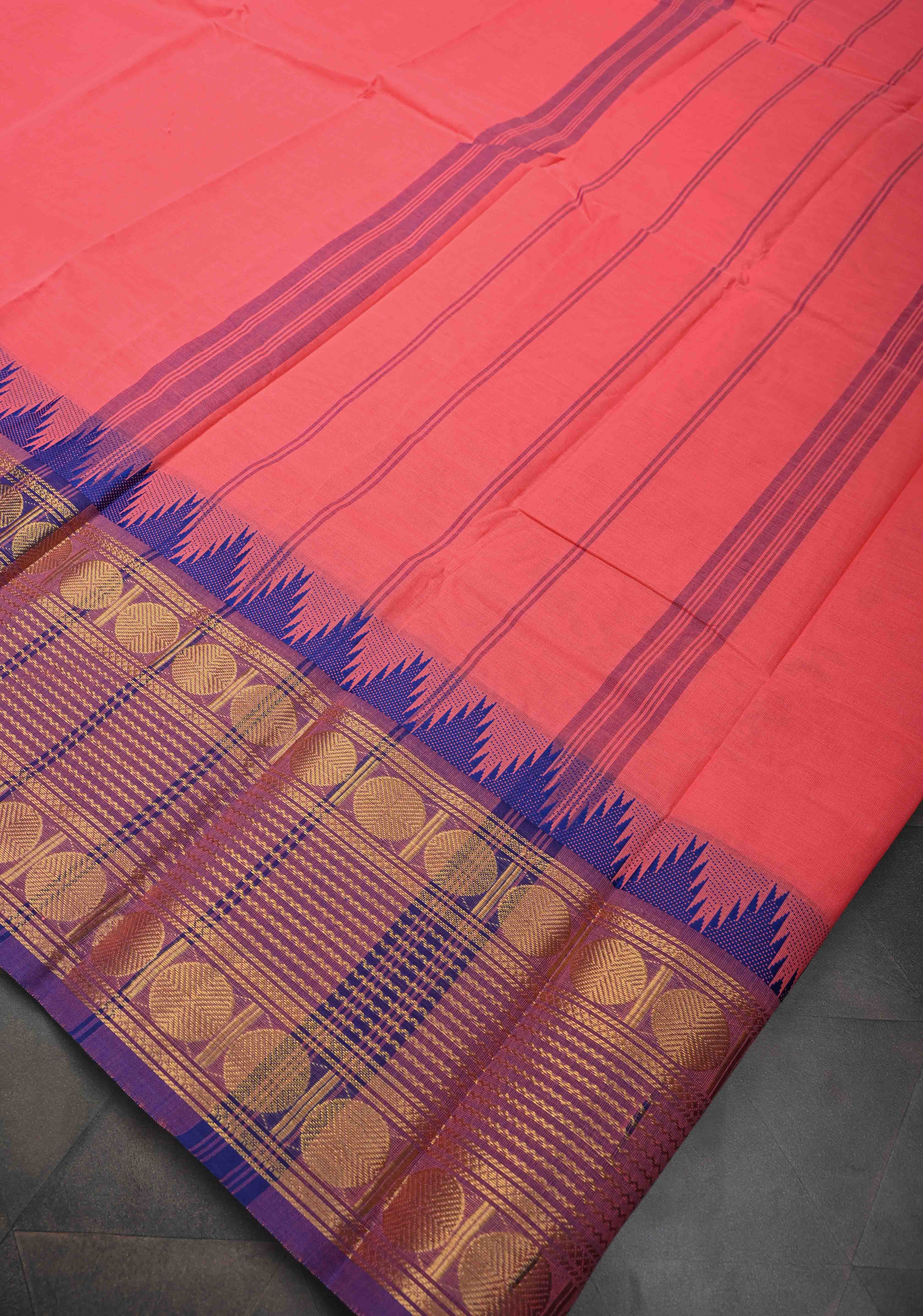 Salmon Kanchi Cotton Saree with Contrast Zari Border | No Blouse piece | Shobitam
