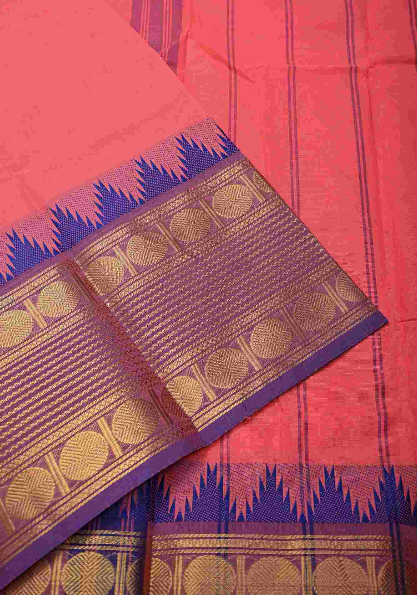 Salmon Kanchi Cotton Saree with Contrast Zari Border | No Blouse piece