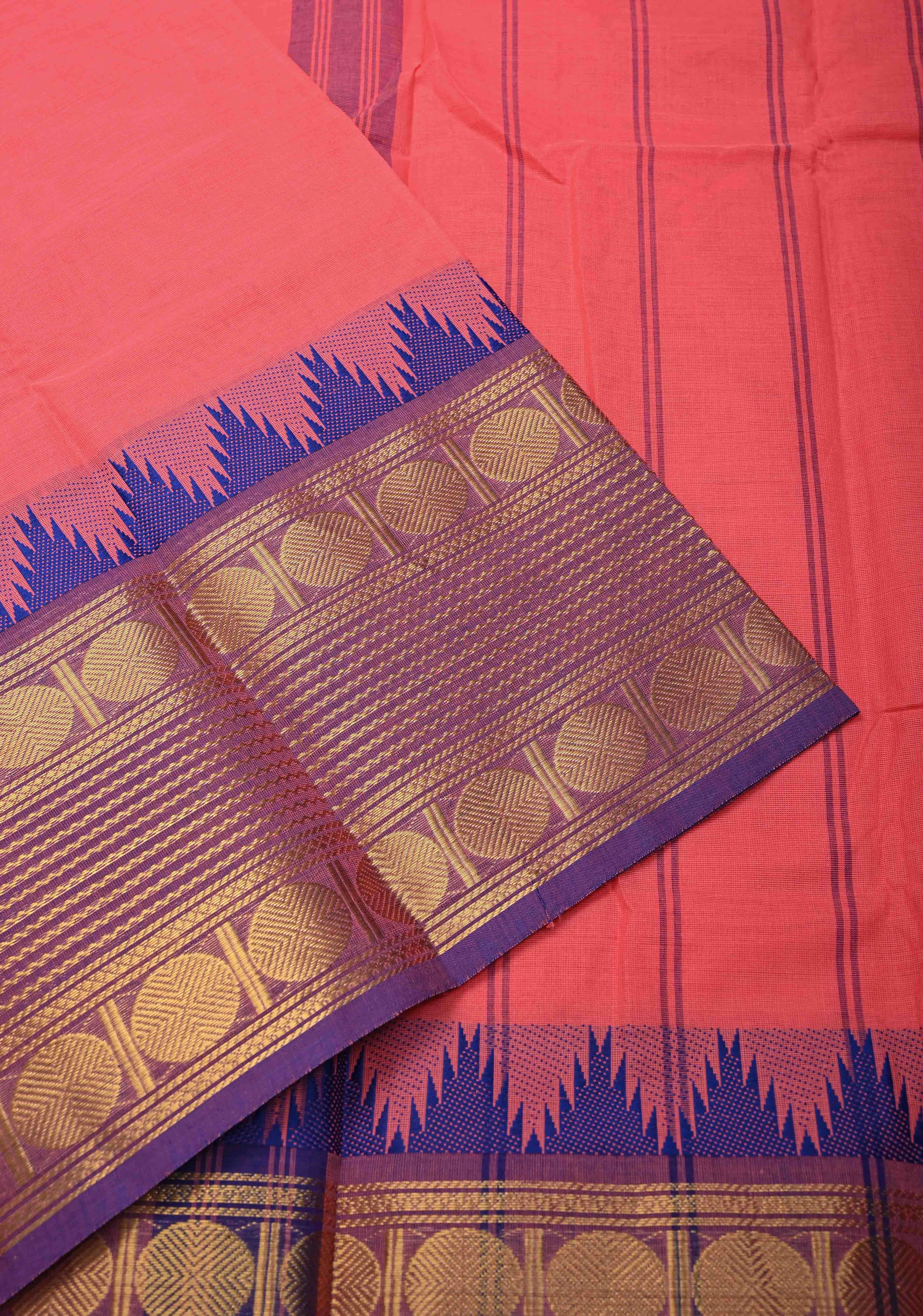 Salmon Kanchi Cotton Saree with Contrast Zari Border | No Blouse piece | Shobitam
