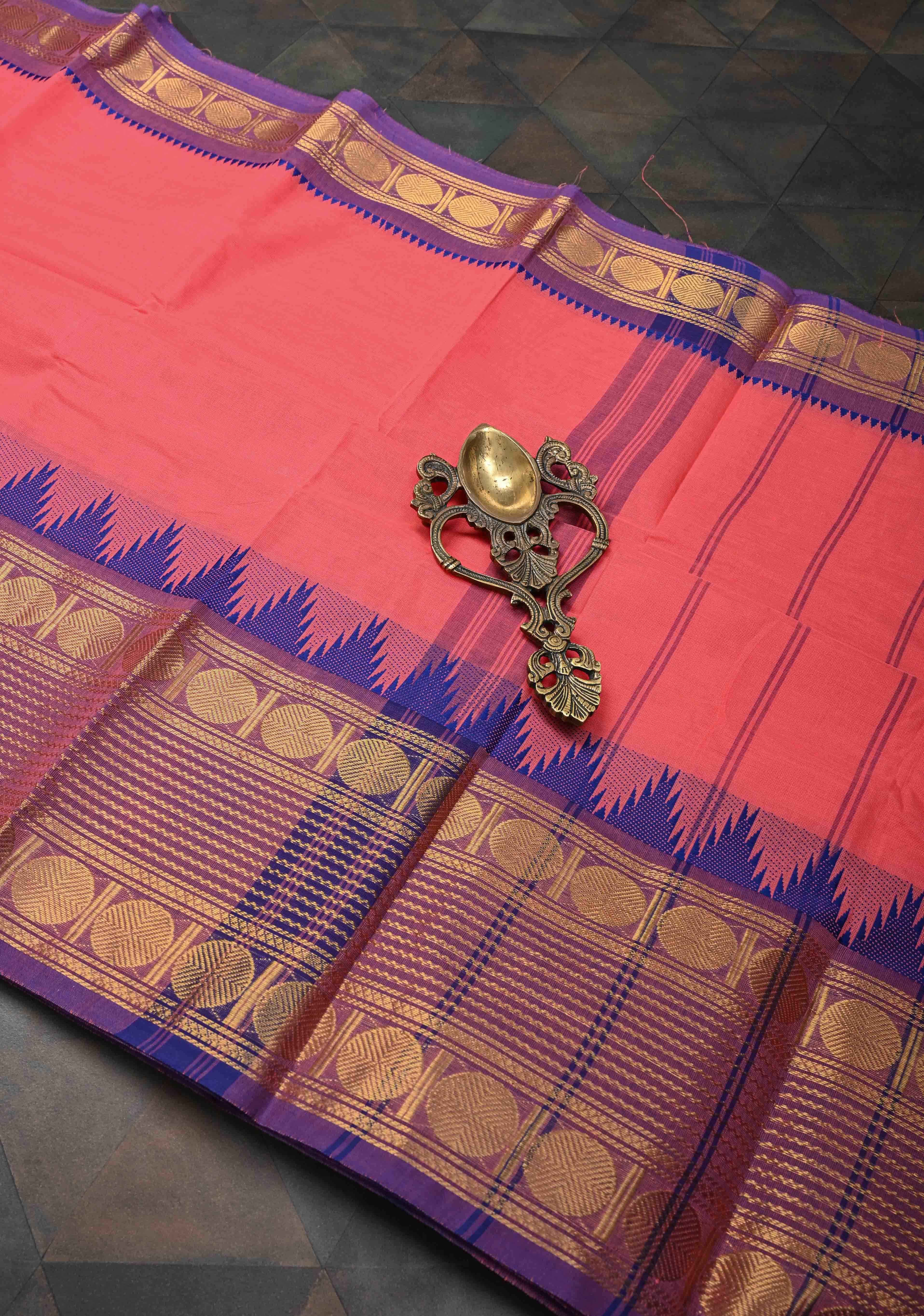 Salmon Kanchi Cotton Saree with Contrast Zari Border | No Blouse piece | Shobitam